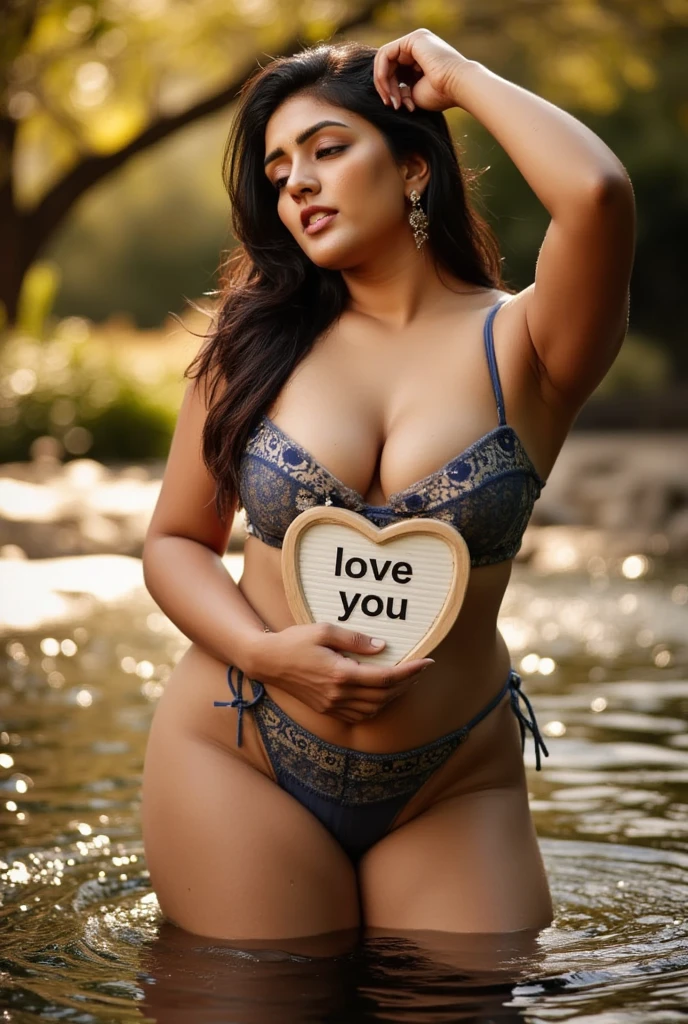 a beautiful woman with large breasts in a river hands up holding a board that says "Love you ❤️", photorealistic, highly detailed, 8k, hyper-realistic, dramatic lighting, glossy skin, wet clothes, flowing hair, serene expression, detailed facial features, beautiful eyes, lush environment, sparkling water, reflections, warm colors, golden hour lighting