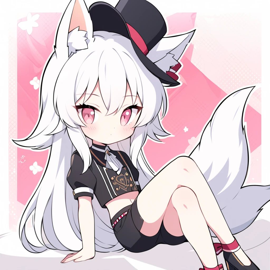 An cute foxboy femboy wearing black high thigh, anime style, white messy hair, feminine, adorable, crossed legs, wearing an top hat, he have fox ears and fox tail