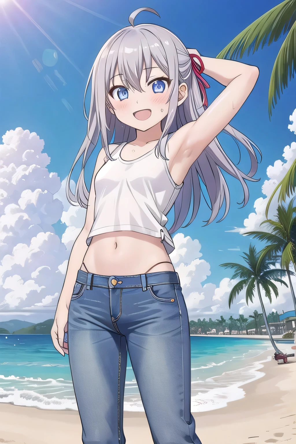 masterpiece,best quality,ultra detail,1girl, , peti ((round face, ecstasy, orgasm face, drooping eyes, shame smiling, blush)), dropping eyes, sleepy, background((under the beach, (day:1.2), palm tree, bright sky)), Alisa Mikhailovna Kujou, ahoge, long hair, grey hair, hair intakes, hair ribbon,red ribbon, sidelocks, hair between eyes,parted bangs, blue eyes, arms behind head, contrapposto, spread armpits, looking at viewer,, (white tank top:1.2), (white crop top:1.2), (jeans pants:1.2, flares jeans:1.2, skinny jeans:1.2, blue jeans:1.2), standing, (legs apart:1.4), sex pose, Sweaty crotch, Steam from the crotch, from below, full medium body