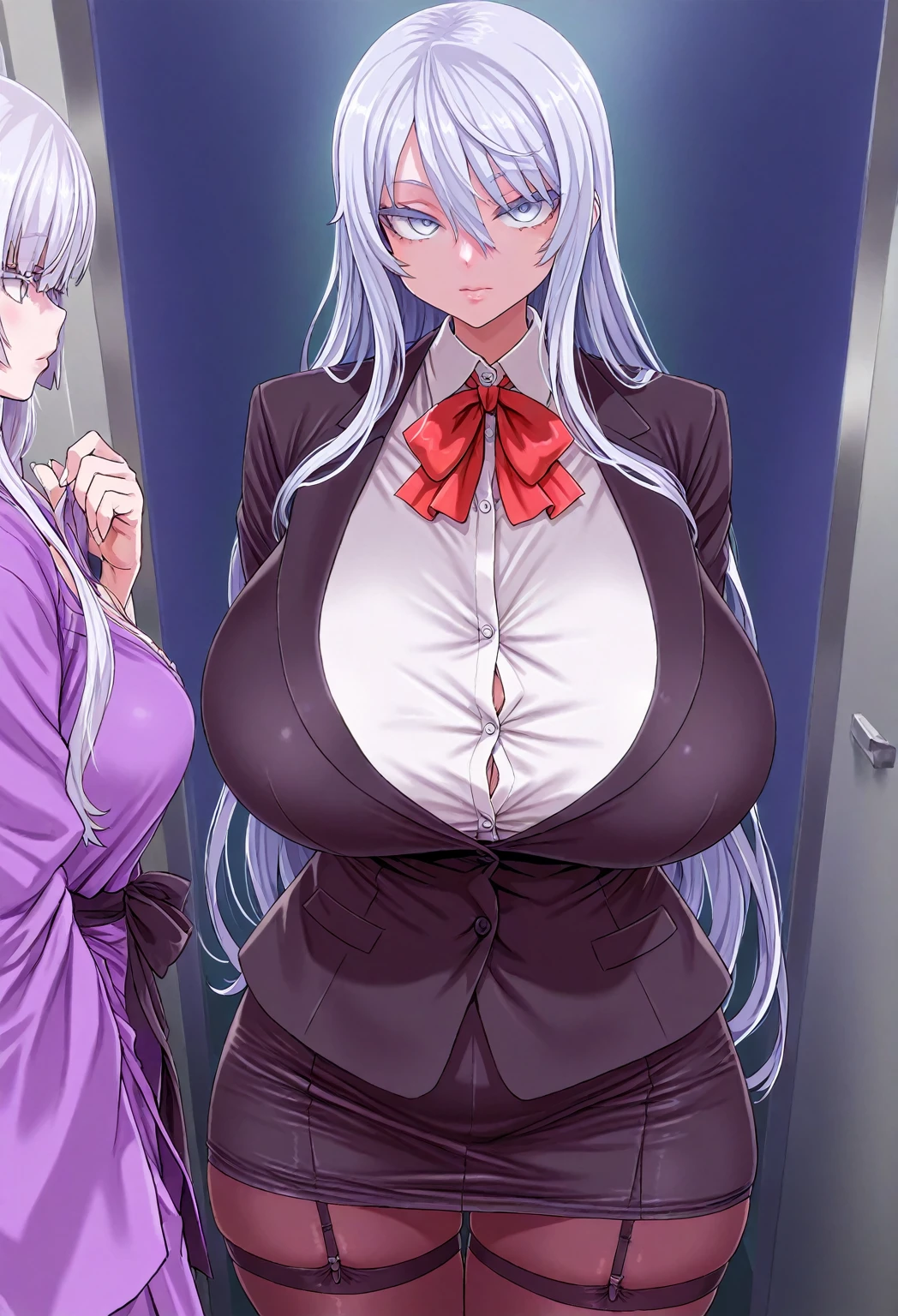 1girl, 2girl, 3girl, 4girl, 5girl, ((multiple_girls)), ((ghost girl)), ((Translucent)), milf, mature, bishoujo, office lady, waitress, pale_skin, white hair, white eyes, closed_mouth, huge breasts, business_suit, student, school_uniform, expressionless, standing, sexy body, good quality, asanagi, (masterpiece), dark_fantasy, ((elevator))