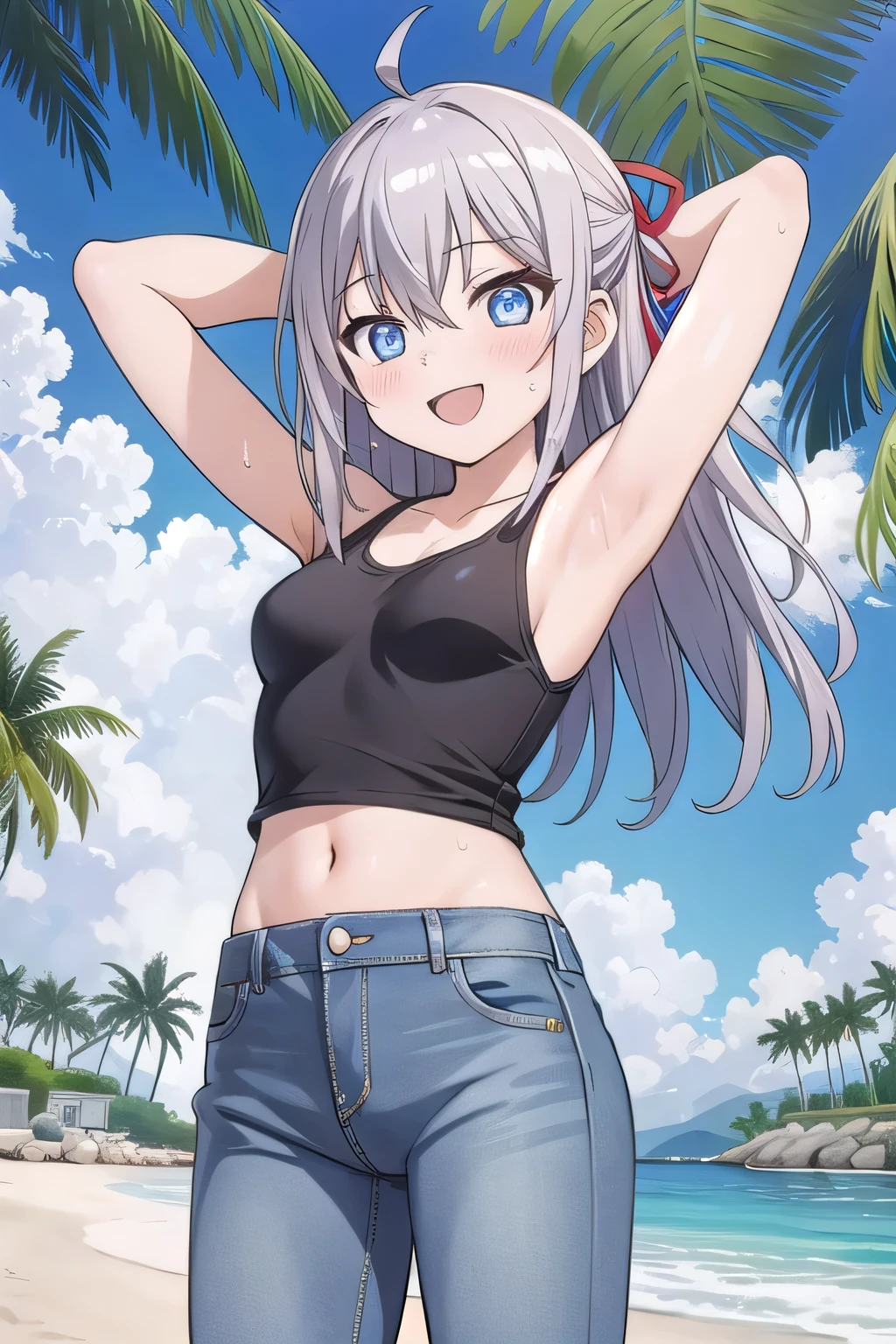 masterpiece,best quality,ultra detail,1girl, , peti ((round face, ecstasy, orgasm face, drooping eyes, shame smiling, blush)), dropping eyes, sleepy, background((under the beach, (day:1.2), palm tree, bright sky)), Alisa Mikhailovna Kujou, ahoge, long hair, grey hair, hair intakes, hair ribbon,red ribbon, sidelocks, hair between eyes,parted bangs, blue eyes, arms behind head, contrapposto, spread armpits, looking at viewer,, (white tank top:1.2), (white crop top:1.2), (jeans pants:1.2, flares jeans:1.2, skinny jeans:1.2, blue jeans:1.2), standing, (legs spread:1.2), sex pose, Sweaty crotch, Steam from the crotch, from below, full medium body