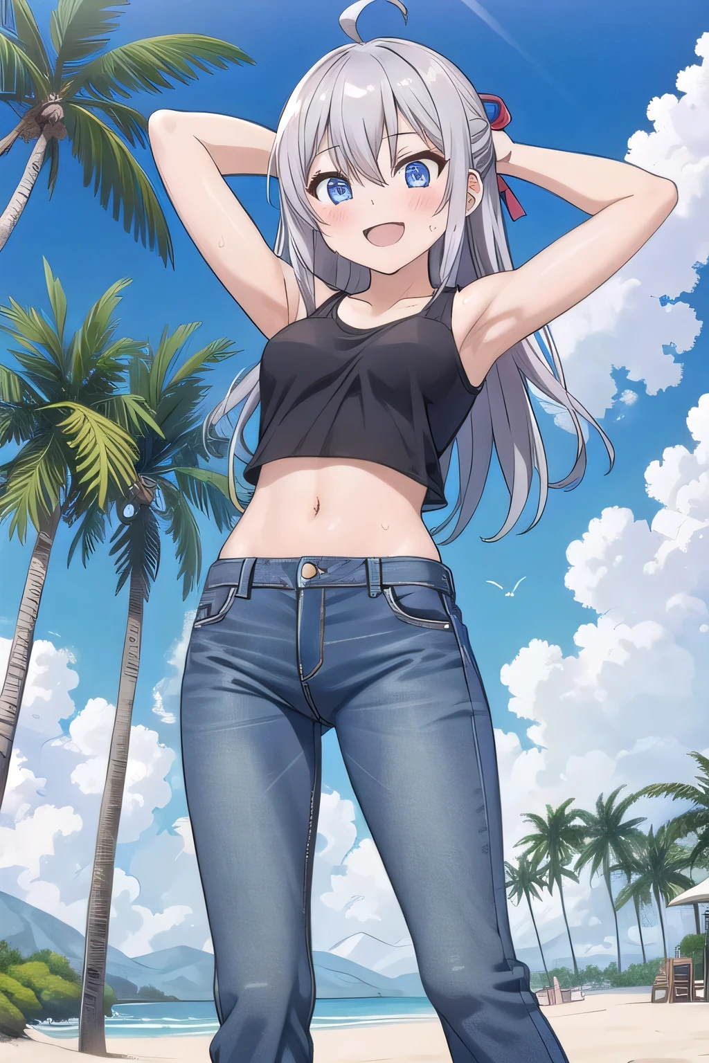 masterpiece,best quality,ultra detail,1girl, , peti ((round face, ecstasy, orgasm face, drooping eyes, shame smiling, blush)), dropping eyes, sleepy, background((under the beach, (day:1.2), palm tree, bright sky)), Alisa Mikhailovna Kujou, ahoge, long hair, grey hair, hair intakes, hair ribbon,red ribbon, sidelocks, hair between eyes,parted bangs, blue eyes, arms behind head, contrapposto, spread armpits, looking at viewer,, (white tank top:1.2), (white crop top:1.2), (jeans pants:1.2, flares jeans:1.2, skinny jeans:1.2, blue jeans:1.2), standing, (legs spread:1.2), sex pose, Sweaty crotch, Steam from the crotch, from below, full medium body