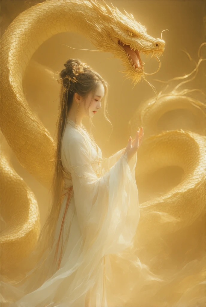 (masterpiece), (best quality), (super delicate), (illustration), (extremely delicate and beautiful), (dynamic angle), white and black highlights, (legendary Dragon queen:1.3),(complex details) ,golden eyes, green pupils, delicate face,messy floating hair, messy hair, focus, perfect hands, (fantasy wind),handsome shape,((((The flames burning behind the young woman)))), (the battlefield behind the young woman:1.2), (((Bloody))),long hair:1.2,hair stick:1.2,bun:1.2, full body:1.2,dragon horn:1.2,(((flowing))),nhjy, a white dress with gold accents on a mannequin