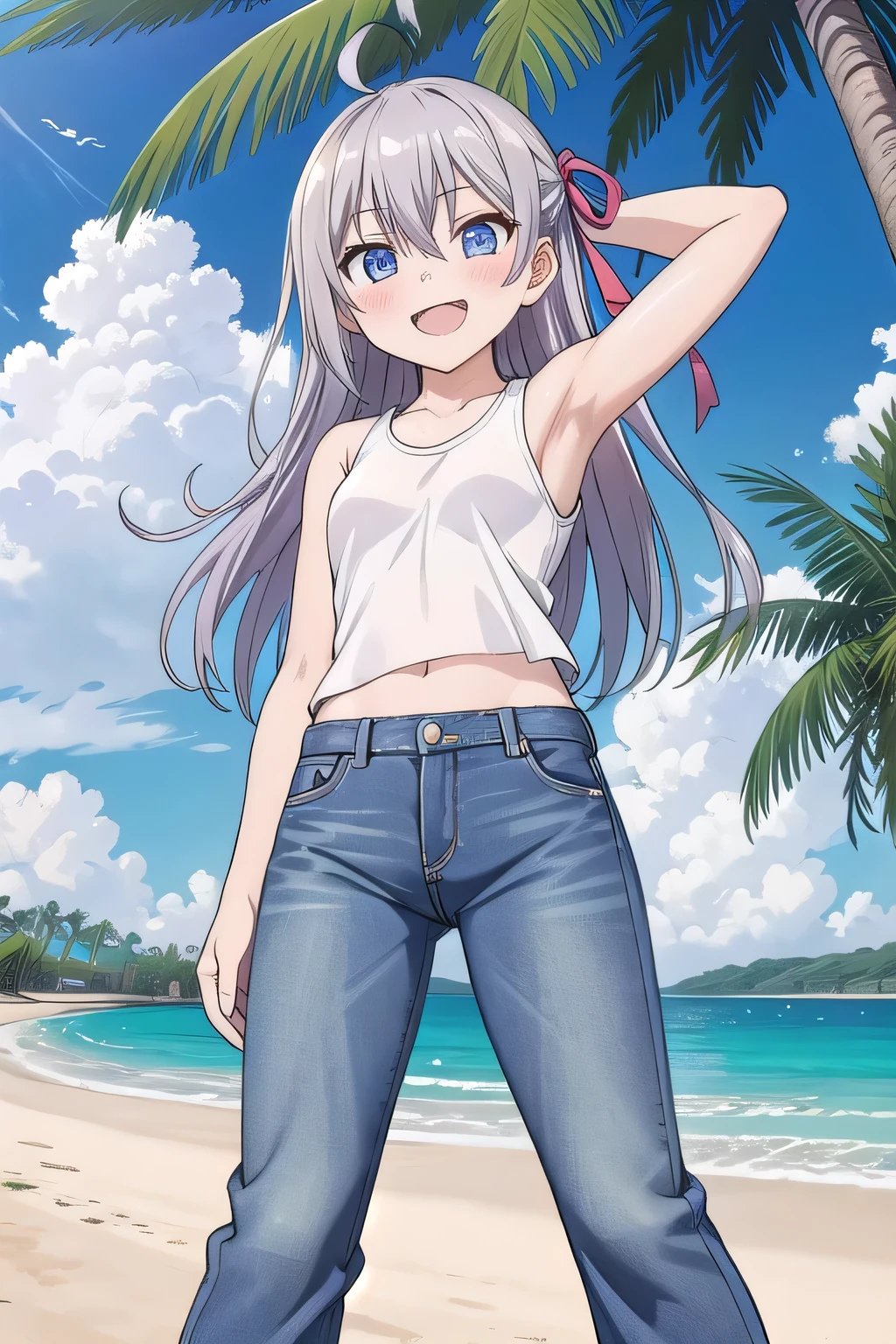 masterpiece,best quality,ultra detail,1girl, , peti ((round face, ecstasy, orgasm face, drooping eyes, shame smiling, blush)), dropping eyes, sleepy, background((under the beach, (day:1.2), palm tree, bright sky)), Alisa Mikhailovna Kujou, ahoge, long hair, grey hair, hair intakes, hair ribbon,red ribbon, sidelocks, hair between eyes,parted bangs, blue eyes, arms behind head, contrapposto, spread armpits, looking at viewer,, (white tank top:1.2), (white crop top:1.2), (jeans pants:1.2, flares jeans:1.2, skinny jeans:1.2, blue jeans:1.2), standing, (legs apart:1.4), sex pose, Sweaty crotch, Steam from the crotch, from below, full medium body