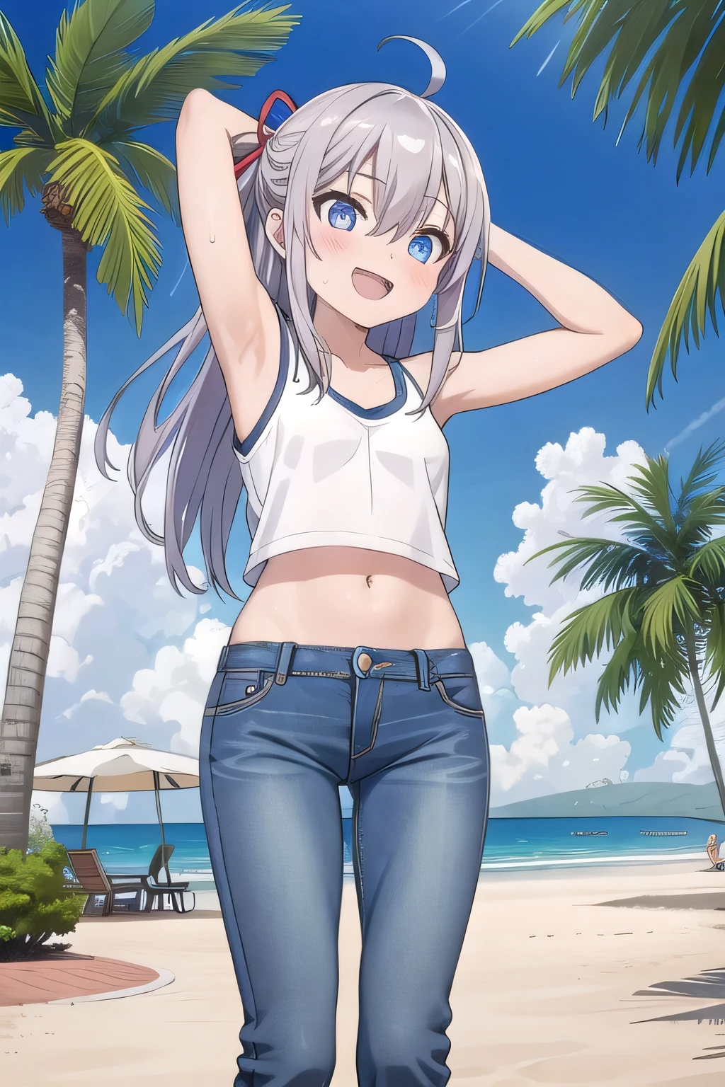 masterpiece,best quality,ultra detail,1girl, , peti ((round face, ecstasy, orgasm face, drooping eyes, shame smiling, blush)), dropping eyes, sleepy, background((under the beach, (day:1.2), palm tree, bright sky)), Alisa Mikhailovna Kujou, ahoge, long hair, grey hair, hair intakes, hair ribbon,red ribbon, sidelocks, hair between eyes,parted bangs, blue eyes, arms behind head, contrapposto, spread armpits, looking at viewer,, (white tank top:1.2), (white crop top:1.2), (jeans pants:1.2, flares jeans:1.2, skinny jeans:1.2, blue jeans:1.2), standing, (legs apart:1.4), sex pose, Sweaty crotch, Steam from the crotch, from below, full medium body