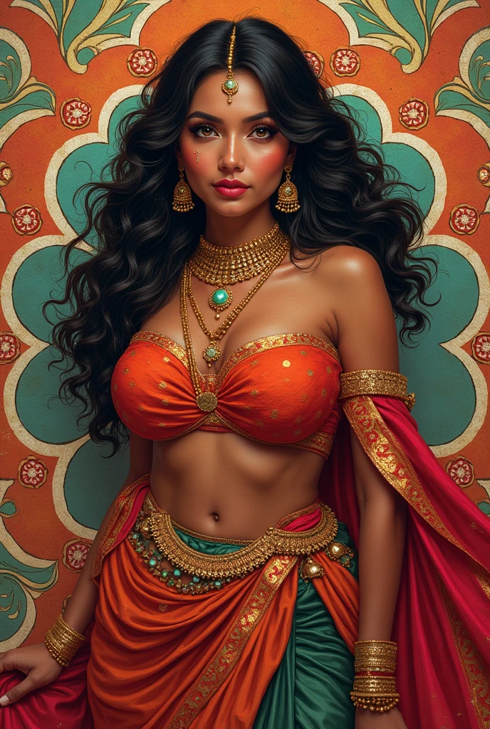 "A dark-skinned brunette, with features that evoke the beauty of the Indians of the Americas. His face displays a confident and captivating expression., with an irresistible smile that lights up your gaze. chest: voluptuous and perky breasts, with soft contours that accentuate your femininity. waist: well defined and fine, perfectly proportional to the body, accentuating her curves. hips: wide and seductive, creating a mesmerizing and balanced silhouette. thicc thighs: firm and toned, with a generous volume that exudes sensuality. flegs: long and slender, that stand out with grace. arms: Toned, with a touch of delicacy, without muscular exaggeration. She adorns her body with golden bracelets, um piercing no umbigo, gold and silver necklaces, and a headdress of delicate feathers that frame her face. She wears a metallic green bikini that highlights her curves in an elegant and provocative way.. The drawing style is hyper-realistic, portraying a fantasy goddess, with harmony and seduction in all forms."