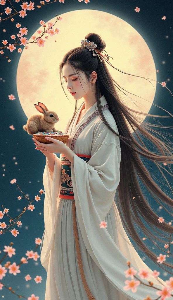 Realistic Long-haired girl in Hanfu,Holding a cake,rabbit in Full moon,Ancient Chinese style,Fairy air fluttering,(Chang'e fairy),(mid-autumn festival),Soft moonlight,young goddess, water color painting style,A detailed face,A detailed face,Quiet moonlight blakground is sakura trees.