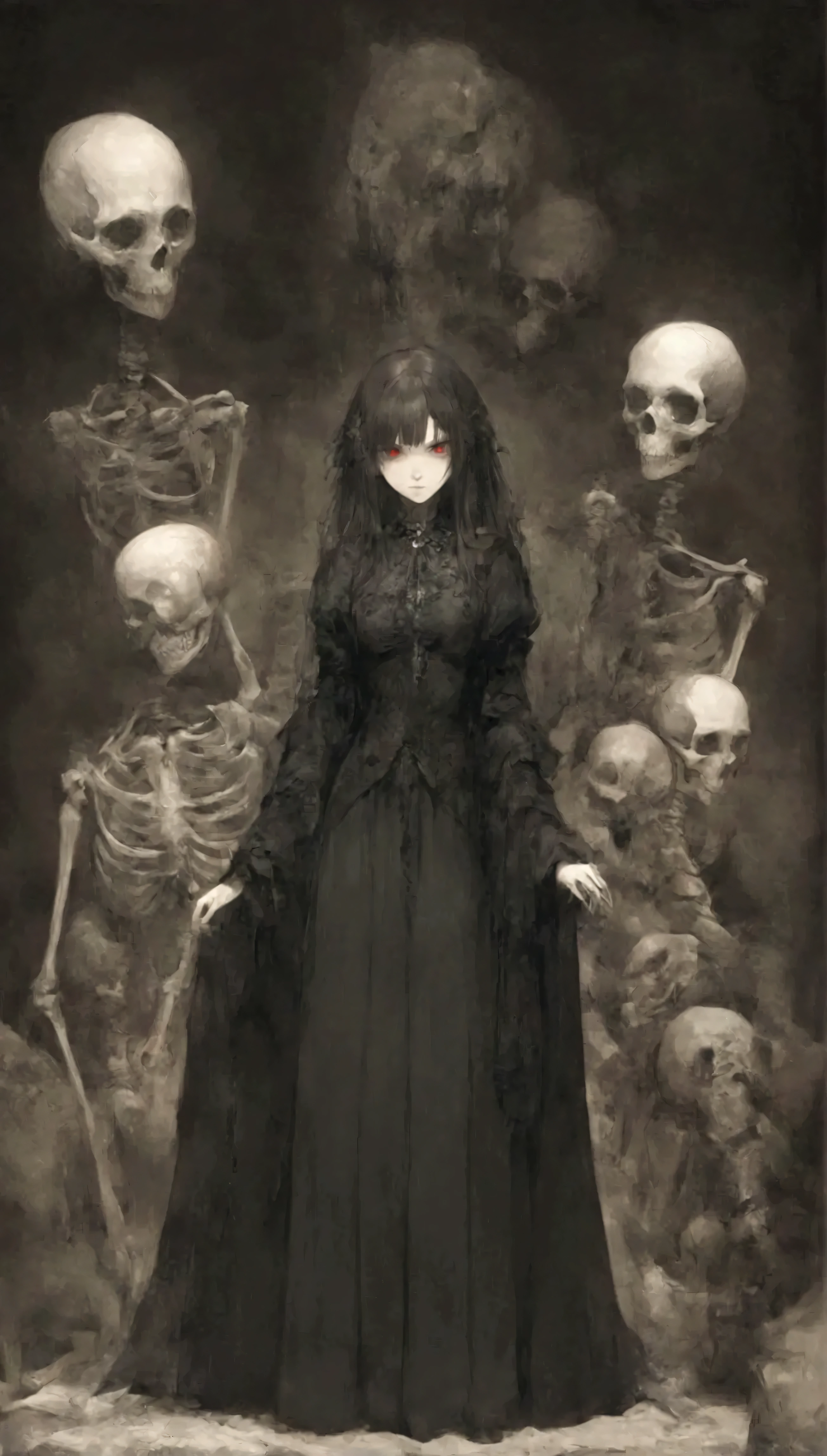  top quality 、masterpiece、 super detailed 、 dark-haired woman, Black Gothic Dress , long dress ,Extremely Dense Faces _pupil,灰色のpupil, Girls and 5 Skeletons 、 Skeletons with Weapons 、 Skeletons A girl who can follow, There's a Skeleton Behind a Girl , Skeletons Have Maces ,Skeleton Eyes Are Red 、  Cartoon Skeletons and Women , witch, Necromancer Girl ,  gothic otome anime girl ,  Pixiv Art Station Google ,  Gweizart Station pixiv ,   beautiful Necromancer Girl  , detailed digital anime art,  Kushart Krenz Key Art Feminine ,  Detailed Anime Character Art ,  Detailed Original Anime Pictures 