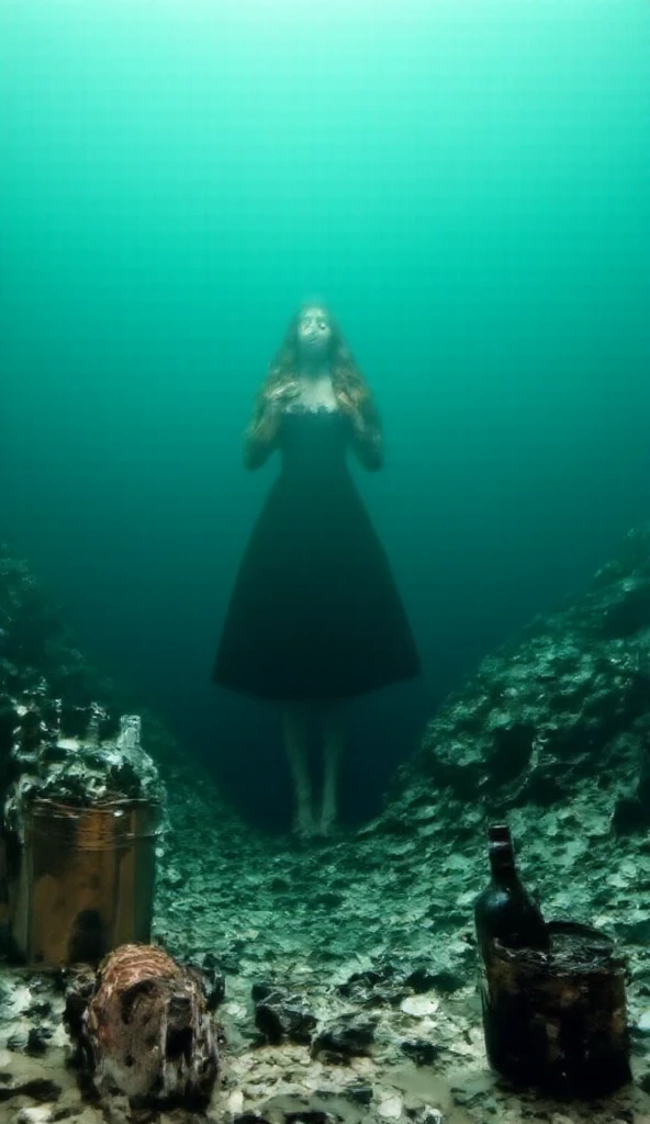 "((photorealistic)) ((high detail)) ((lifelike)) center frame, facing us, at the bottom of a vast ocean floor, surrounded by garbage, an exhausted young woman in a black French maid dress with yellow rubber gloves, leans her head on the top of her mop and sighs bubbles, a bucket beside her, her long red hair floating around her, preparing to clean a filthy fraternity living room, ((no walls)), cluttered with all types of empty beer cans, pizza boxes, empty whiskey bottles and garbage in the aftermath of a night of drunken excess, open to undersea bubble columns, rich and vibrant oceanic flora and wildlife share the polluted environment, a crab floats nearby.  8k resolution trending on Artstation Unreal Engine 5, ((Cinematic film still)), shot on v-raptor XL, film grain, vignette, color graded, post-processed, cinematic lighting, live-action, best quality, atmospheric, a masterpiece, ((epic)), stunning, dramatic, ((no walls)), ((no ceilings)), ((no windows))