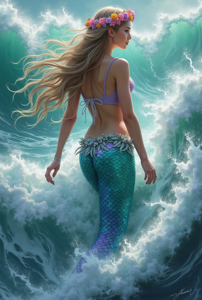 A beautiful mermaid princess captured by children on the coastal beach, serene ocean waves, sandy shore, lush tropical foliage, warm sunlight, detailed facial features, flowing hair, elegant mermaid tail, children playing and fascinated by the mermaid, photorealistic, highly detailed, vibrant colors, dramatic lighting