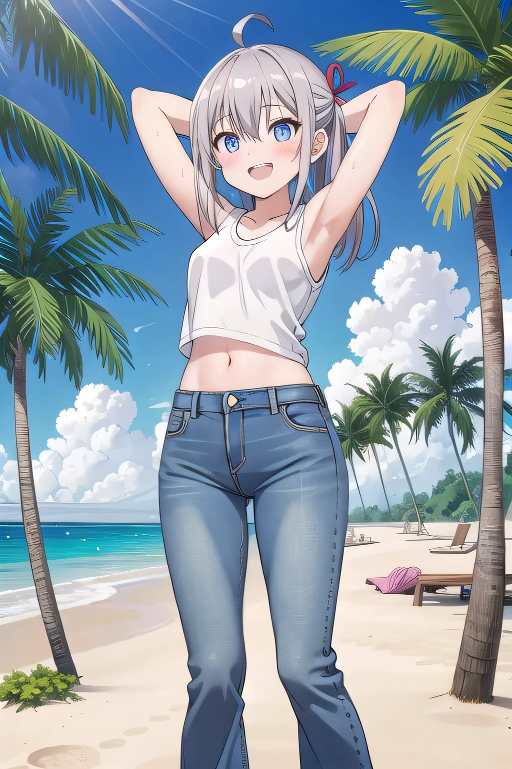 masterpiece,best quality,ultra detail,1girl, 14yo, petite, ((round face, ecstasy, orgasm face, drooping eyes, shame smiling, blush)), dropping eyes, sleepy, background((under the beach, (day:1.2), palm tree, bright sky)), Alisa Mikhailovna Kujou, ahoge, long hair, grey hair, hair intakes, hair ribbon,red ribbon, sidelocks, hair between eyes,parted bangs, blue eyes, arms behind head, contrapposto, spread armpits, looking at viewer,, (white tank top:1.2), (white crop top:1.2), (jeans pants:1.2, flares jeans:1.2, skinny jeans:1.2, blue jeans:1.2), standing, (legs apart:1.5), sex pose, Sweaty crotch, Steam from the crotch, from below, full medium body