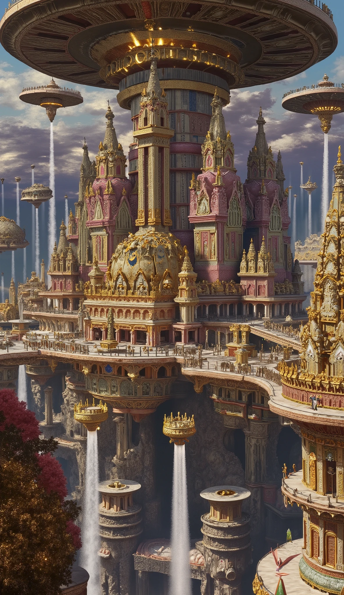 A magnificent, flying city inspired by ancient Indian architecture, soaring gracefully above the clouds. The city blends ancient South Indian design with modern steampunk engineering, featuring towering gopurams adorned with intricate carvings of deities, mythical creatures, and elaborate floral patterns. Colorful gopurams, spires, and sandstone facades shine with divine brilliance, while massive, glowing anti-gravity engines and brass-steampunk mechanisms keep the city afloat. The city is a paradise of cascading waterfalls, lush gardens, and flowing water channels, with aqueducts and reservoirs seamlessly integrated into the design. Suspended mechanical bridges and rotating platforms enhance the futuristic aesthetic, while streams of water glisten in the sunlight, creating a serene, oasis-like environment. Surrounding the city are enormous ancient Indian magical vimanas (warcrafts) hovering protectively. These warcrafts are ornately decorated with detailed carvings and glowing mystical energy, blending traditional craftsmanship with futuristic weaponry. The skies are painted with hues of gold, purple, and crimson as the city navigates through the heavens. The scene exudes a sense of divine grandeur, merging the innovation of modern engineering with the timeless elegance and mystical power of ancient Indian heritage. The atmosphere is epic and otherworldly, showcasing a celestial realm of unparalleled beauty and protection.