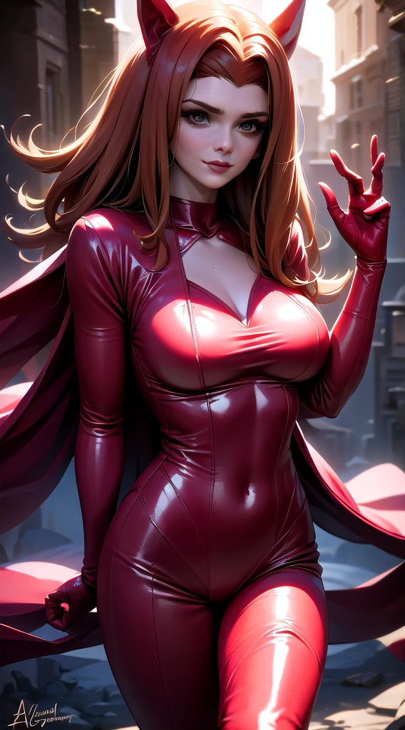 Arafed woman in red latex posing in a dark city, scarlet sorceress, scarlet sorceress costume, wonder scarlet sorceress, detailed artgerm, artgerm. High detail, model IG | Artgerm, ArtGerm, Extremely Detailed, Aly Fell and Artgerm, ArtGerm and Ilya Kushinov