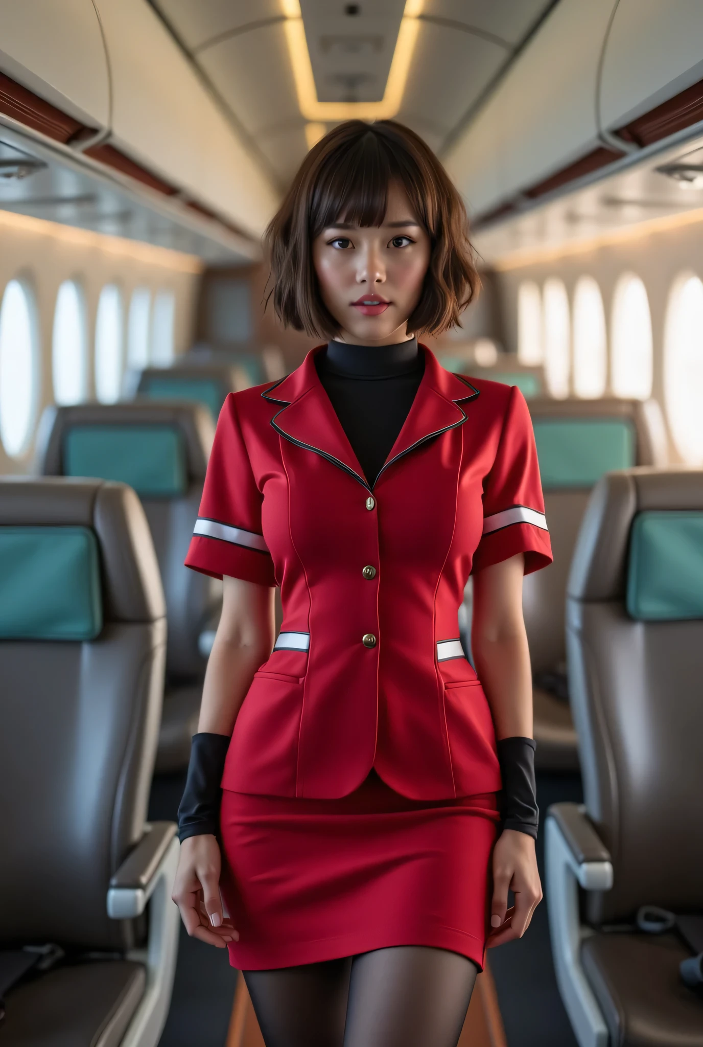 Best Quality, Photo realistic, (Looking at the viewer:1.3), Sharp focus, Absolute masterpiece,
Elaborate flight attendant uniform that is depicted in ultra detail, Tight-fitting skirt, Tights, Indoors, Stairs,
(Big breasts:1.15), Bangs, Short wavy bob, Very pretty Japanese woman, Plump body