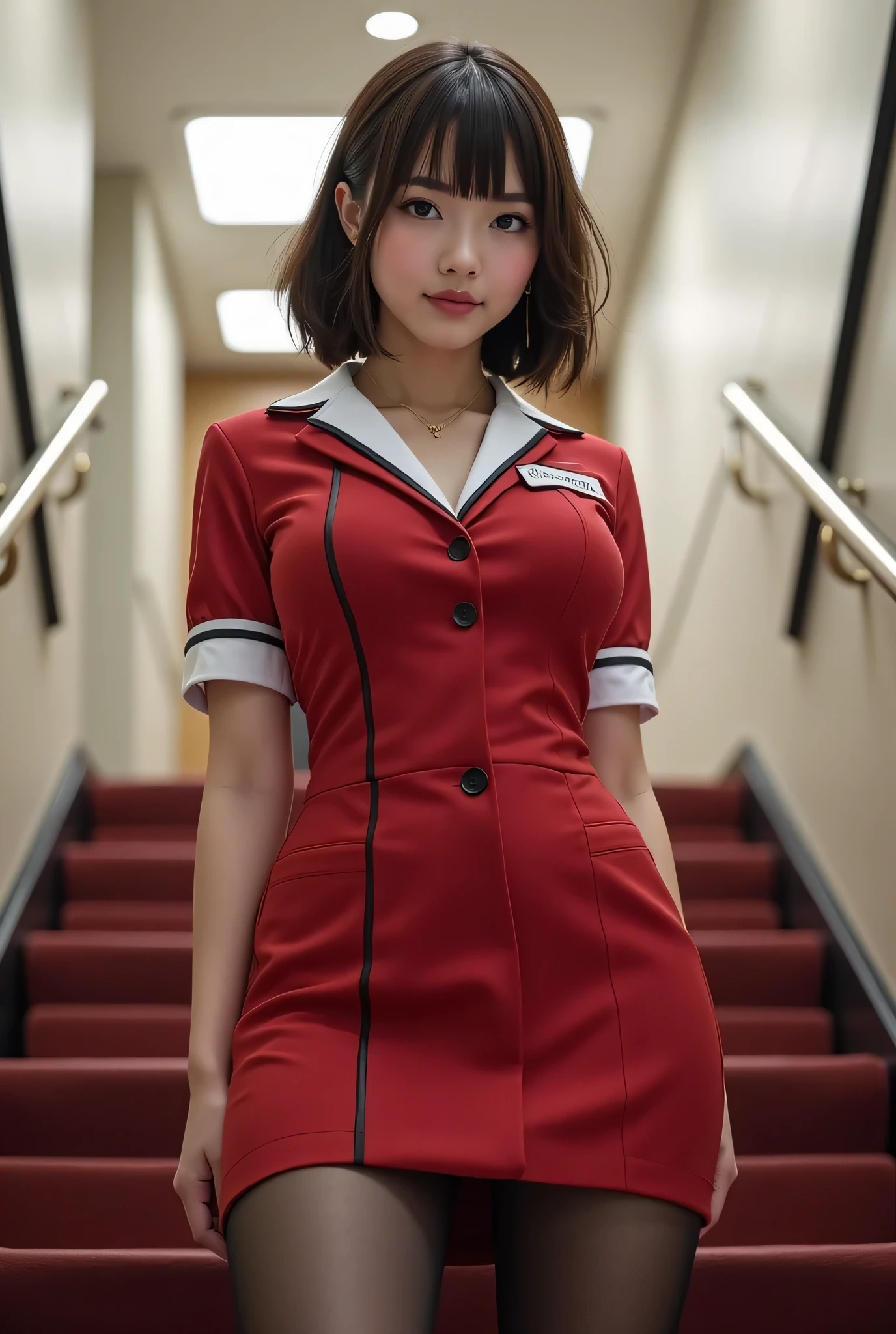 Best Quality, Photo realistic, (Looking at the viewer:1.3), Sharp focus, Absolute masterpiece,
Elaborate flight attendant uniform that is depicted in ultra detail, Tight-fitting skirt, Tights, Indoors, Stairs,
(Big breasts:1.15), Bangs, Short wavy bob, Very pretty Japanese woman, Plump body