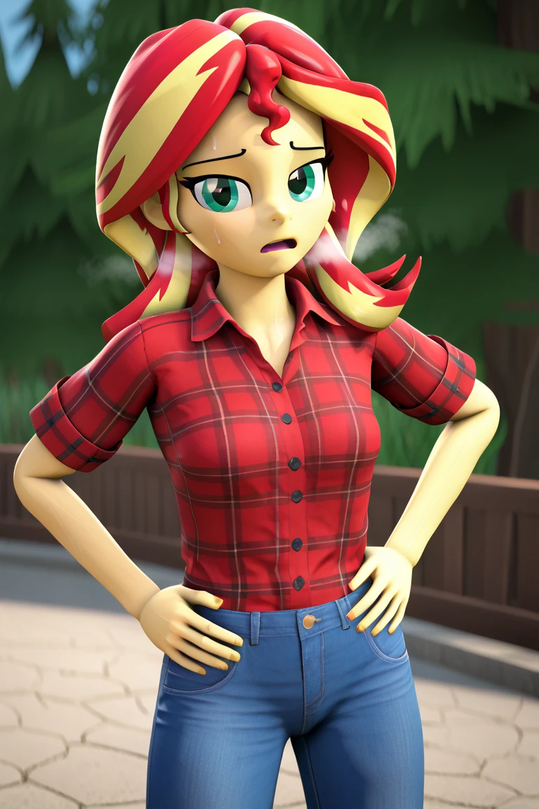 score_9, score_8_up, score_7_up BREAKSambaNekoStyle, sunset shimmer, 3d, sourcefilmmaker ,pestil, painterly hair, sharp contrasts, ,Sunset shimmerEQG, red hair , green eyes, yellow skin, red flannel collared shirt, short sleeves, purple shirt underneath, blue jeans, half body, hands on hips,  1girl, solo, red sneakers, out of breath, sweaty, open mouth, tired expression 