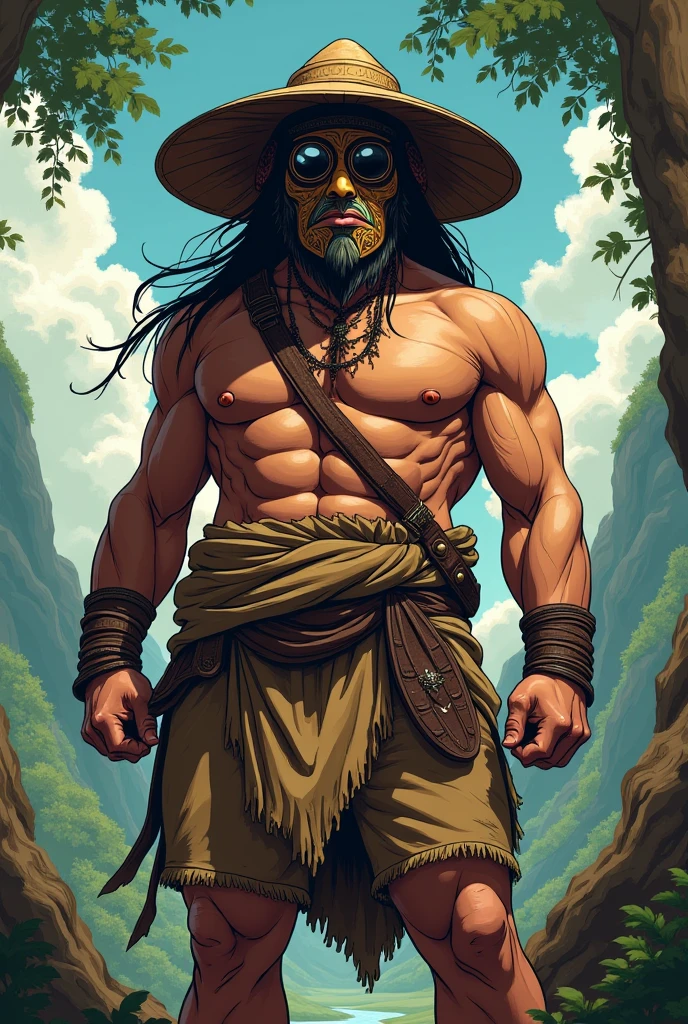 NSFW (nude) (male with a huge tiki mask and penis) full body, standing on a deserted beach
