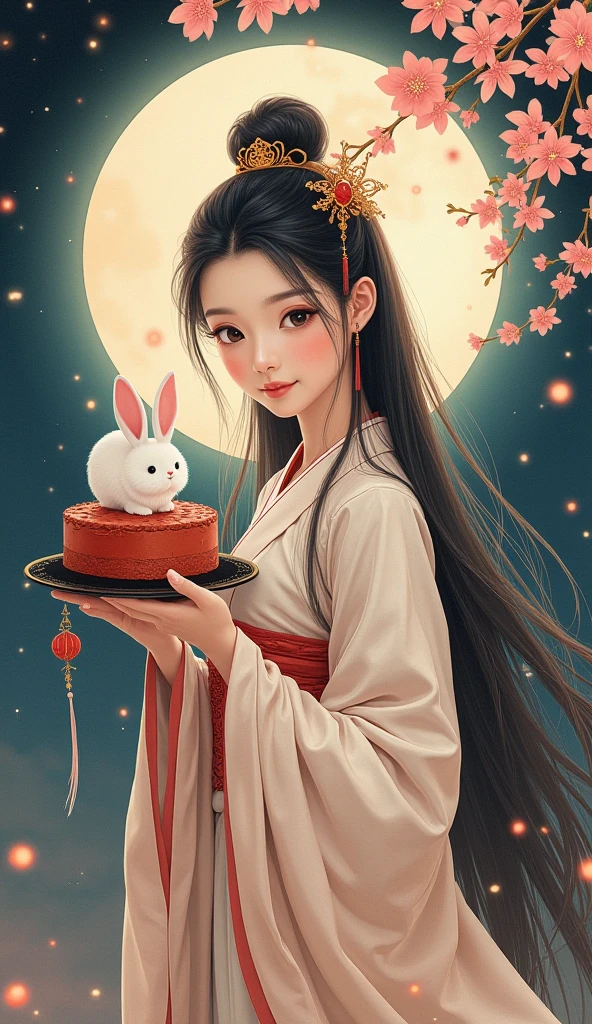 Realistic Long-haired girl in Hanfu,Holding a birthday cake, Full moon ha e a rabbit in side ,Ancient Chinese style,Fairy air fluttering,(Chang'e fairy),(mid-autumn festival),Soft moonlight,young goddess, water color painting style,A detailed face,A detailed face,Quiet moonlight blakground is sakura trees.