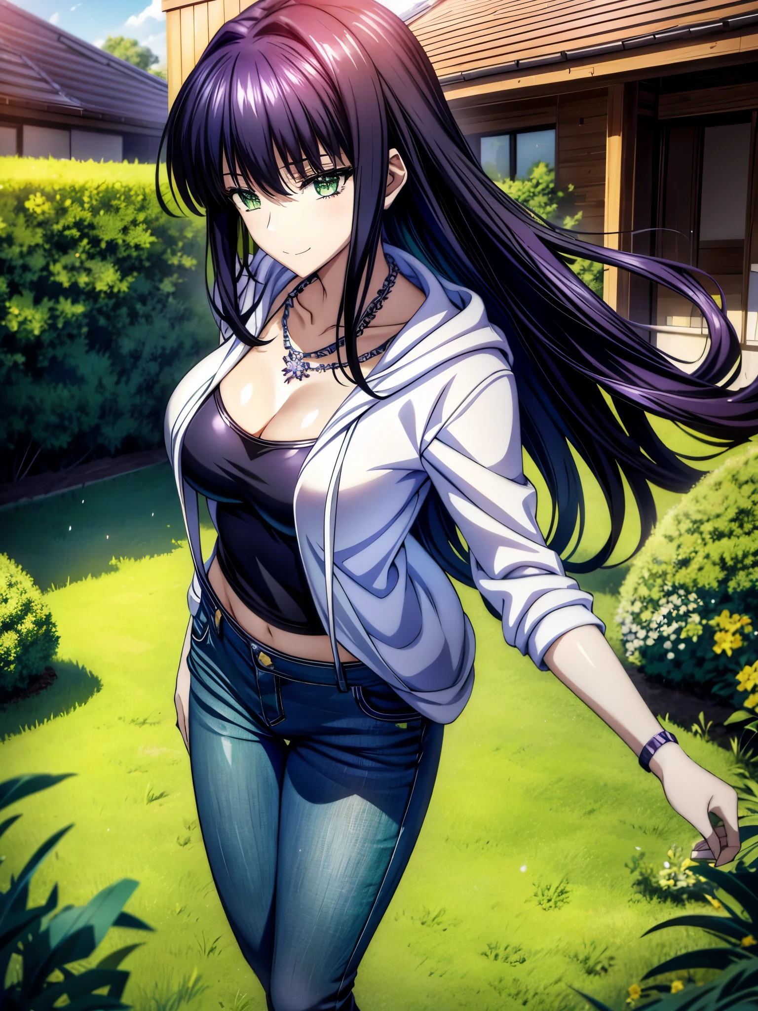  High Quality , Connect Your Ticker to 8K ,  kampala,  Details CG,  High Quality  shadows, Beautiful delicate face,  Details beautiful delicate eyes,break( wallpaper),(高精細CG 8Kwallpaper),Makima ( Chainsaw Man ),Scathach ( destiny /  grand order required ),Reika Shimodaira , nothing ,  Very Delicate and Beautiful CG Illustration  ,最 High Quality ,  beautiful thighs , big breasts、Waistline,(((masterpiece))), ((( 最 High Quality  ))),8k,32K,​masterpiece,  beautiful and charming anime woman  , Ultra-fine, 超 Details,  kampala, 超リアルな College Student の女の子 ,Masseter region, 最 High Quality  ,  High Quality ,  high image quality,  High Quality のテクスチャ,  High Quality な影, 高 Details,  Details , Teenage Girl,1 personの少女, College Student ,Alone,I, Person One,Alone,1 person,Taki, adult vibe,Leg length, beautiful long legs ,8 heads,:171cm, mature girl , purple hair, purple hair,  purple hair, Blackcurrant Hair , Silky smooth hair ,  colorful hair ,  straight hair ,smile,Cool Beauty, beautiful women, beautiful faces, Beautiful  realism,  being crucified ,魅惑的なoutside観,Quiet look, beautiful hair, 彼女は首に necklaceをつけています , necklace,ビーズの necklace,Magatama Accessories,smile, colorful eyes, green eyes,Jade  green eyes,  beautiful eyes,bright eyes,  beautiful eyes,  Jewel Eyes  ,Jade Eyes,Droopy eyes,( green eyes:1.5), attractive face , WATCH VIEWERS ,Model Photo,  simple background,  black hair ,  has long eyelashes,  LIGHT SMILE ,  purple hair,  Blackcurrant Hair , hairpin,  LIGHT SMILE , 魅力的なsmile, Jade  green eyes,  student's sparkling eyes  , Droopy eyes, Multicolored eyes, Anime style, Hyper- realism,  realism, Anime, 8k, 超 Details, Accurate, 最 High Quality  , ,  anatomically correct, Accurate, NFSDW  , ,  kampala, 最 High Quality  ,  hoodie, casual clothes,(( BLACK LOW RISE SKINNY LONG JEANS)),  hoodie,((  Sweatshirt  )),stroll,Building Street,sunlight, blue sky,stroll, crowded streets ,Daytime,walk,takeoutside,outside,  Bust Shots,