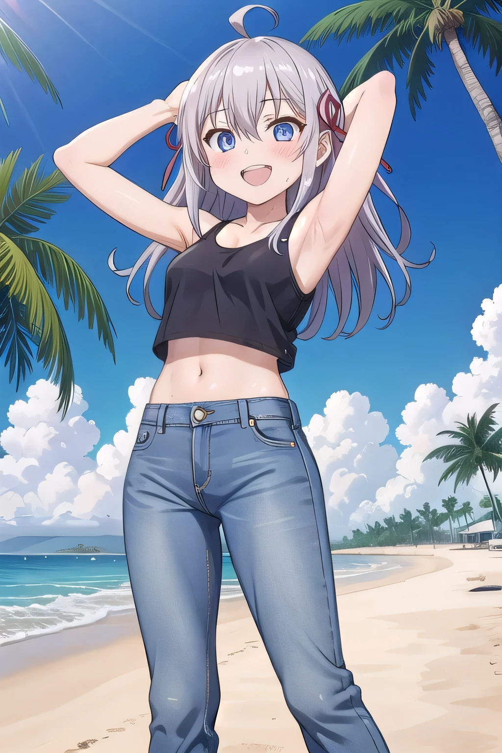 masterpiece,best quality,ultra detail,1girl, , peti ((round face, ecstasy, orgasm face, drooping eyes, shame smiling, blush)), dropping eyes, sleepy, background((under the beach, (day:1.2), palm tree, bright sky)), Alisa Mikhailovna Kujou, ahoge, long hair, grey hair, hair intakes, hair ribbon,red ribbon, sidelocks, hair between eyes,parted bangs, blue eyes, arms behind head, contrapposto, spread armpits, looking at viewer,, (white tank top:1.2), (white crop top:1.2), (jeans pants:1.2, flares jeans:1.2, skinny jeans:1.2, blue jeans:1.2), standing, ((legs apart:1.2)), sex pose, Sweaty crotch, Steam from the crotch, from below, full medium body