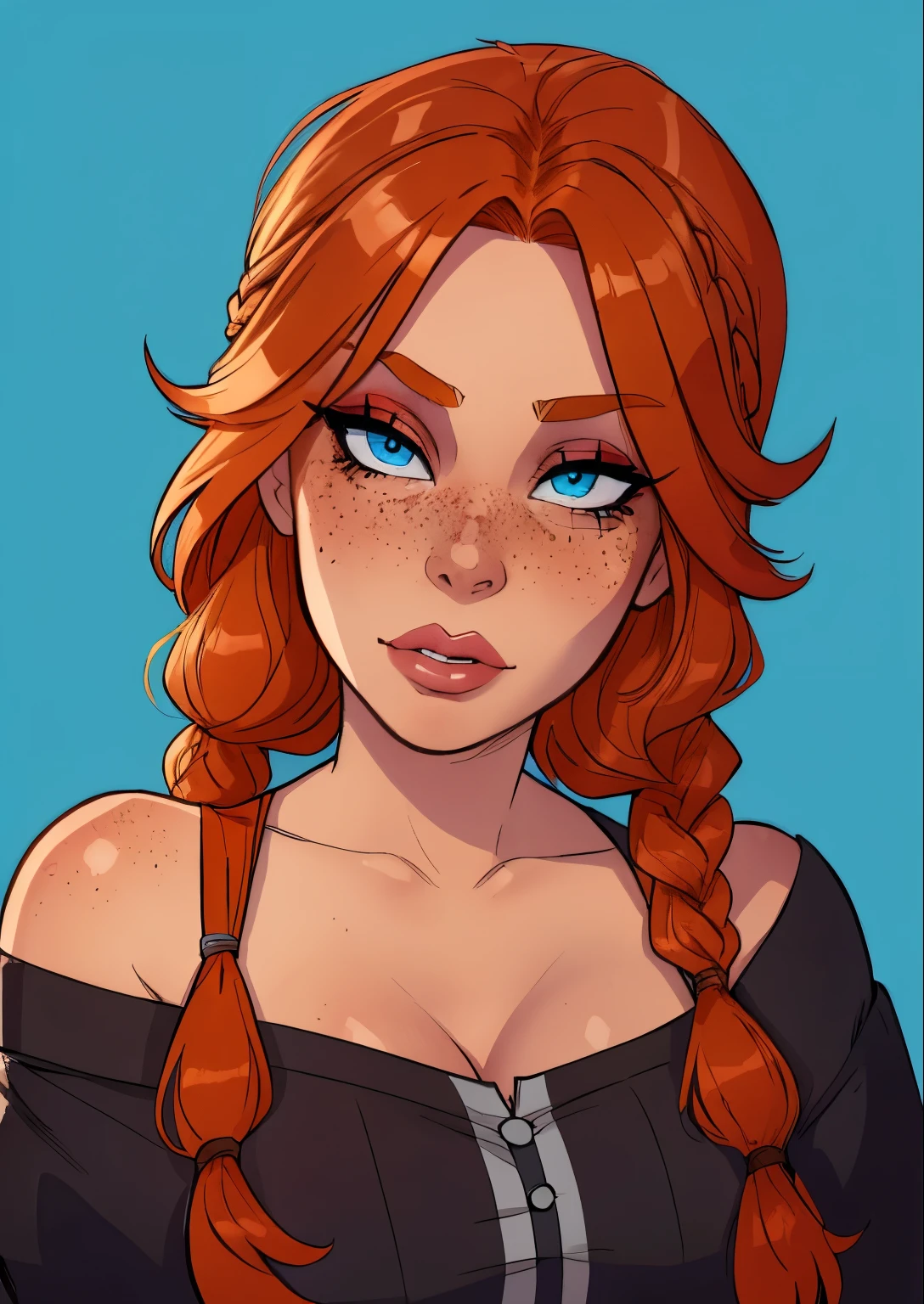masterpiece, best quality, 1female, beautiful, face portrait, solo, deep makeup, 1girl, face focus, makeup, blue eyes, goth, shy, long hair, side braid, perfect fringe, ginger hair, brown skin, cinnamon skin, thick lineart, pinup, cell shading, nyantcha, freckles
