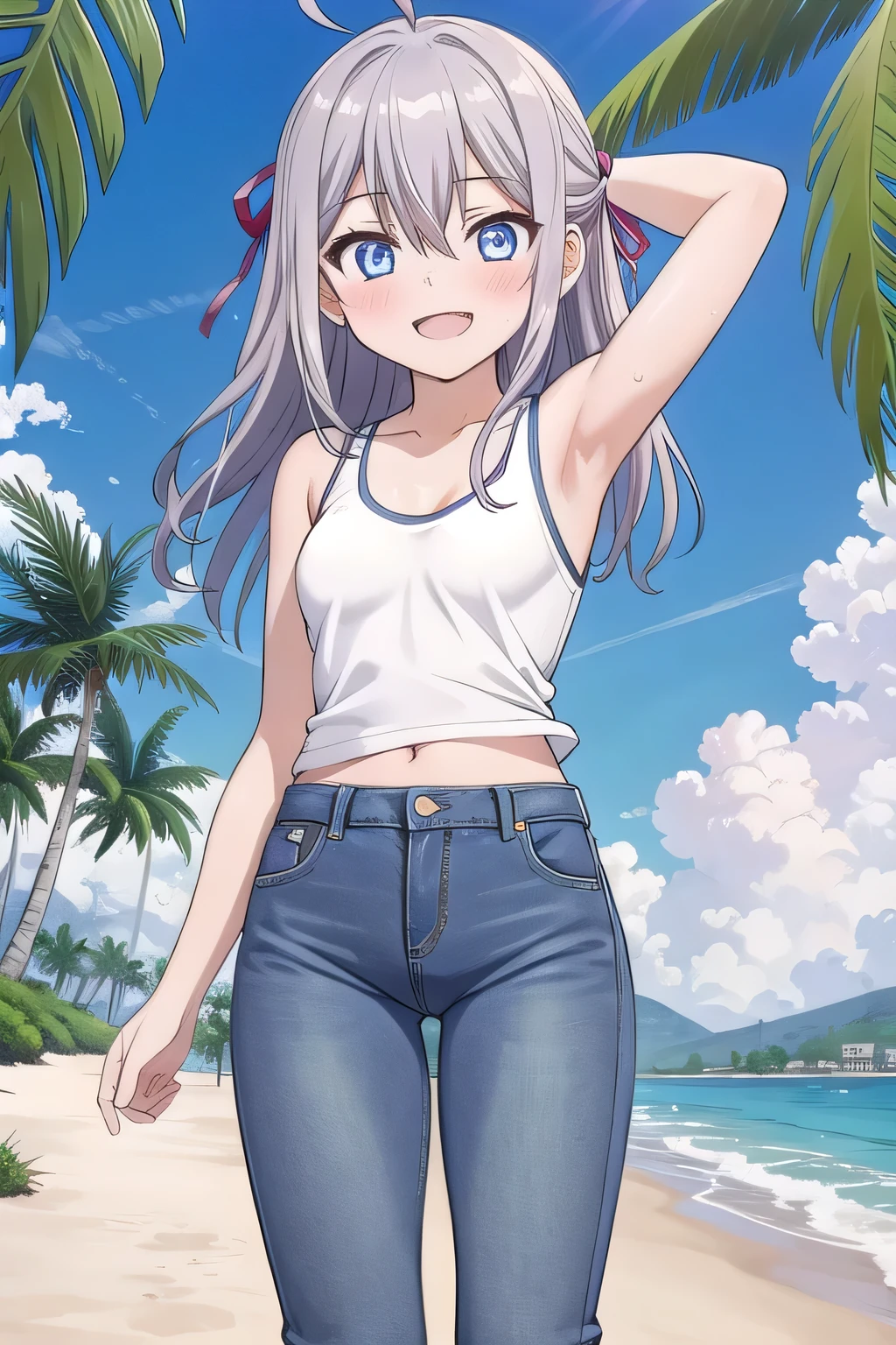 masterpiece,best quality,ultra detail,1girl, 14yo, petite, ((round face, ecstasy, orgasm face, drooping eyes, shame smiling, blush)), dropping eyes, sleepy, background((under the beach, (day:1.2), palm tree, bright sky)), Alisa Mikhailovna Kujou, ahoge, long hair, grey hair, hair intakes, hair ribbon,red ribbon, sidelocks, hair between eyes,parted bangs, blue eyes, arms behind head, contrapposto, spread armpits, looking at viewer,, (white tank top:1.2), (white crop top:1.2), (jeans pants:1.2, flares jeans:1.2, skinny jeans:1.2, blue jeans:1.2), standing, (legs apart:1.5), sex pose, Sweaty crotch, Steam from the crotch, from below, full medium body