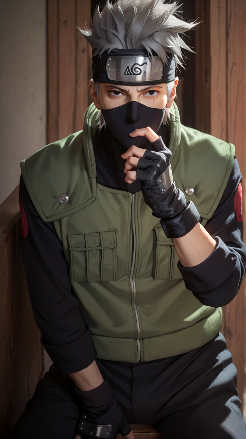 1boy, solo, kakashi, looking at viewer, black forehead protector covering his left eye, black ninja mask, grey hair, black eyes, green flak jacket, black shirt with red swirls, black pants, black armored fingerless gloves