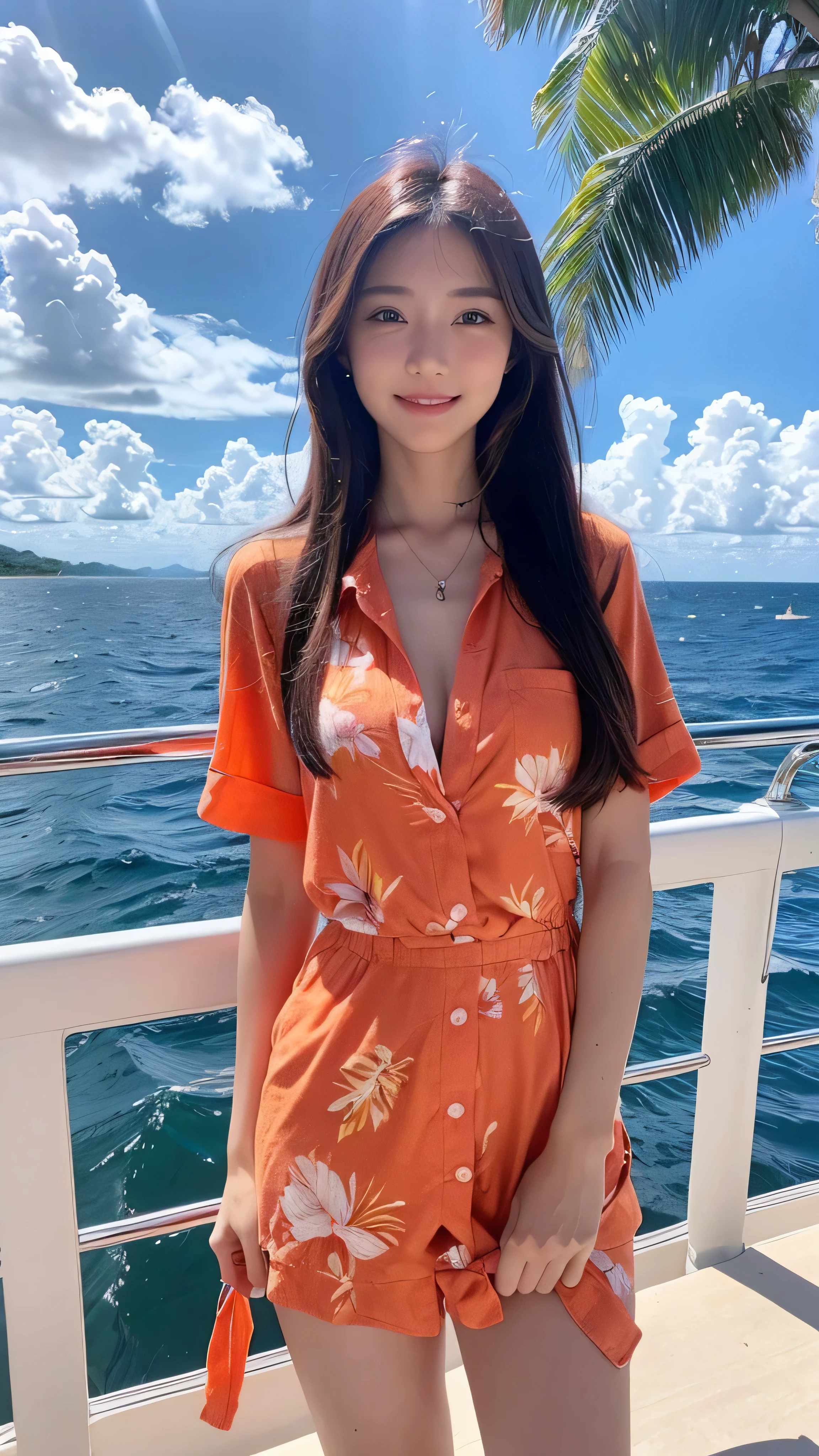  high-definition picture ，Women Long Hair , born, Super high resolution, 8k,  is looking at the camera, On a yacht at sea, Vacation Photos, Paradise Island, orange hawaiian button up shirt, Frank,  amateur ,  natural light, A perfect day, [smile]Full body high definition image。