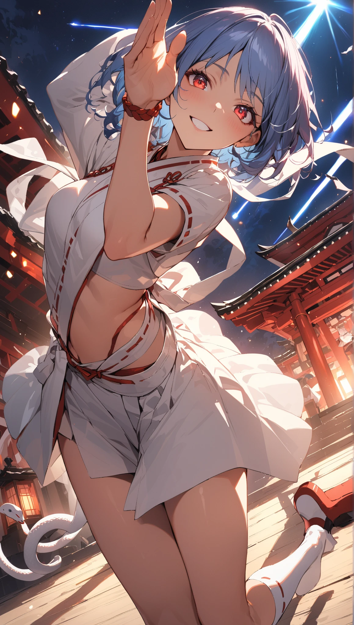 High resolution、photorealistic、very delicate and beautiful、delicate details、white skin、1 girl、japanese young girl、((dancing kagura))、(Japanese dance)、(shrine maiden outfit )、(red hakama)、((Don&#39;t take off the girl&#39;s clothes))、small face、slim body、delicate body、thin arms、perfect hands、thin legs、perfect legs、((very young face))、perfect proportions、(in the sacred place of the shrine)、(torii)、((shrine maiden))、(front、angle from below)、smile、