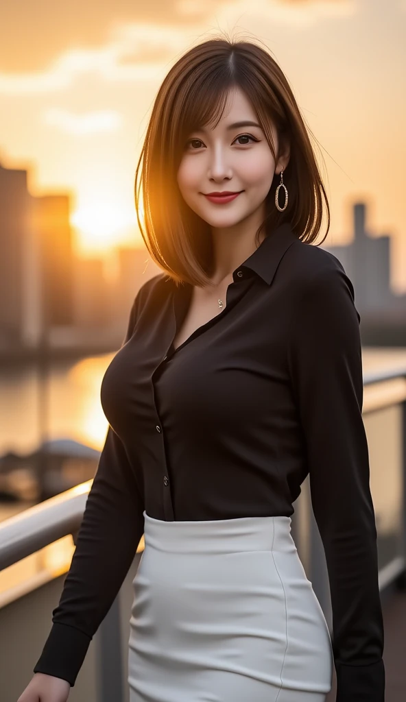 12Ｋ、ＨＤＲ、 bits deep 10 bits 、( realistic) , (photo  realistic :1.4), masterpiece,  beautiful ,A woman who exudes adult appeal  、Sunset time、I can see the sunset、The backlight of the sunset 、The sun sets over the buildings 、 model is standing on a dim bridge、 cleavage in years、smile、black collared shirt、White tight skirt、 the hair is shaking a lot in the wind 、The model's knee is visible 、 and smiles at the viewer