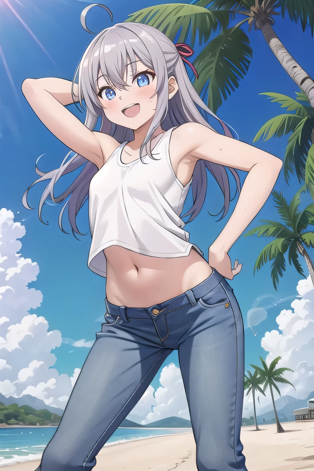 masterpiece,best quality,ultra detail,1girl, , peti ((round face, ecstasy, orgasm face, drooping eyes, shame smiling, blush)), dropping eyes, sleepy, background((under the beach, (day:1.2), palm tree, bright sky)), Alisa Mikhailovna Kujou, ahoge, long hair, grey hair, hair intakes, hair ribbon,red ribbon, sidelocks, hair between eyes,parted bangs, blue eyes, arms behind head, contrapposto, spread armpits, looking at viewer,, (white tank top:1.2), (white crop top:1.2), (jeans pants:1.2, flares jeans:1.2, skinny jeans:1.2, blue jeans:1.2), standing, (legs apart:1.5), sex pose, Sweaty crotch, Steam from the crotch, from below, full medium body