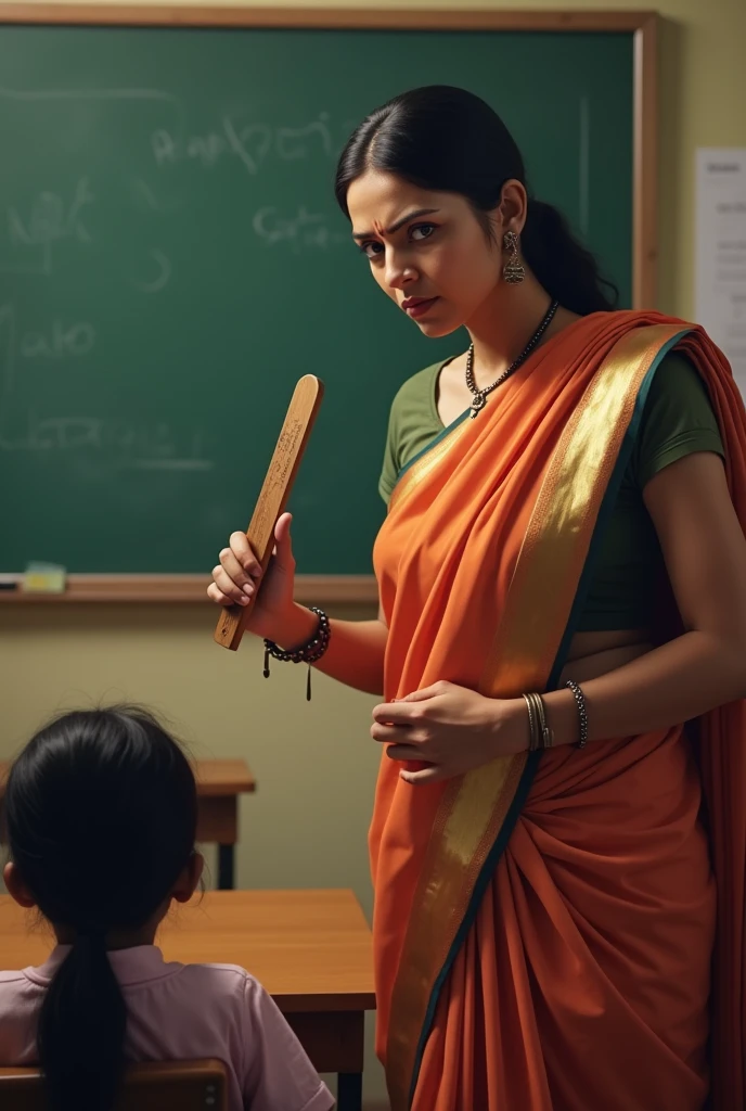 female strict teacher saree using stick punish male student ear