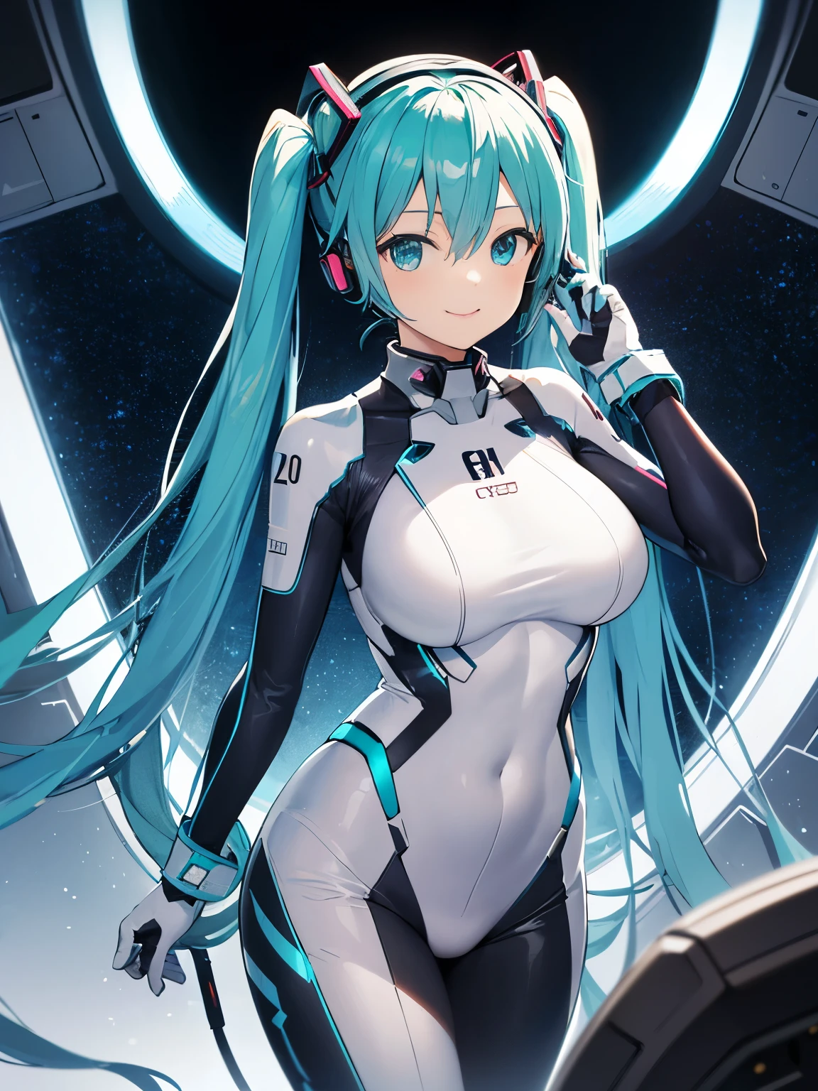  top quality , high resolution,  Hatsune Miku , (hatune friend), ((1 female)),Very cute, hair between eyes , headgear , interface headset with clothes off to waist,turquoise hair,( very long twin tails ),(((The background is inside a spaceship filled with large monitors ))),(頭部は Hatsune Miku ),smile,(Turquoise and white intricate plug suit design ),(The suit has an Aska design and is very shiny), long sleeve ,(Asuka&#39;s Plug Suit),( squat down and open my legs in an M shape),(masterpiece:1.2),( beautiful, sparkling eyes with attention to detail),  detailed face , perfect lighting, Extremely delicate lighting , (perfect hand,  complete anatomy),( SUIT HAS MANY INTERFACE PLUGS), SUIT LIKE SLINGSHOT ,The part is not covered due to its role as a ,VERY SEXY SUIT , squat down and open my legs in an M shape、Focus on the groin、 low angle,The 、