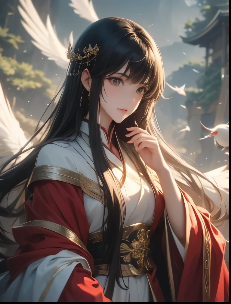 （（（ＳＦＷ、Precision、Highest quality、A first-class masterpiece、Normal body、8k、  Detailed Face 、Ultra-precision、 Normal hand、５refer to、Highest）））、Kiyoshi Takanashi 、Sei-takanashi 、“ womanの魔力は万能です"、"The Saint's Magic Power is Omnipotent"、 black hair、 woman、 long hair、Red and White Robe 
