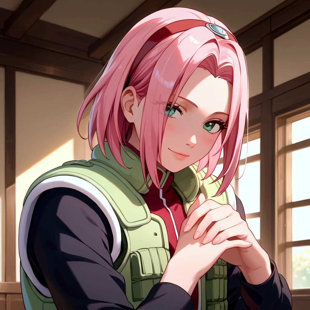 score_9, BREAK best quality, masterpiece, uncensored, 1girl, indoors, BREAK 1girl, haruno sakura, pink hair, short, hair, green eyes, seductive pose, seductive smile, expressive eyes, uniform, green vest, black pants, black sleeves,
