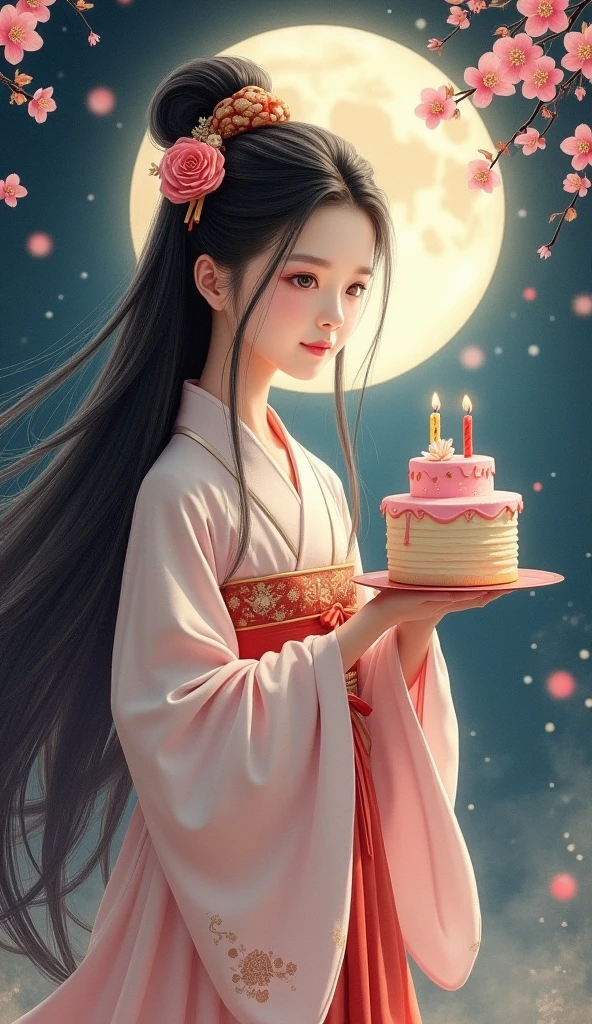 Realistic Long-haired girl in Hanfu,Holding a birthday cake, background have Full moon ,Ancient Chinese style,Fairy air fluttering,(Chang'e fairy),(mid-autumn festival),Soft moonlight,young goddess, water color painting style,A detailed face,A detailed face,Quiet moonlight blakground is sakura trees.