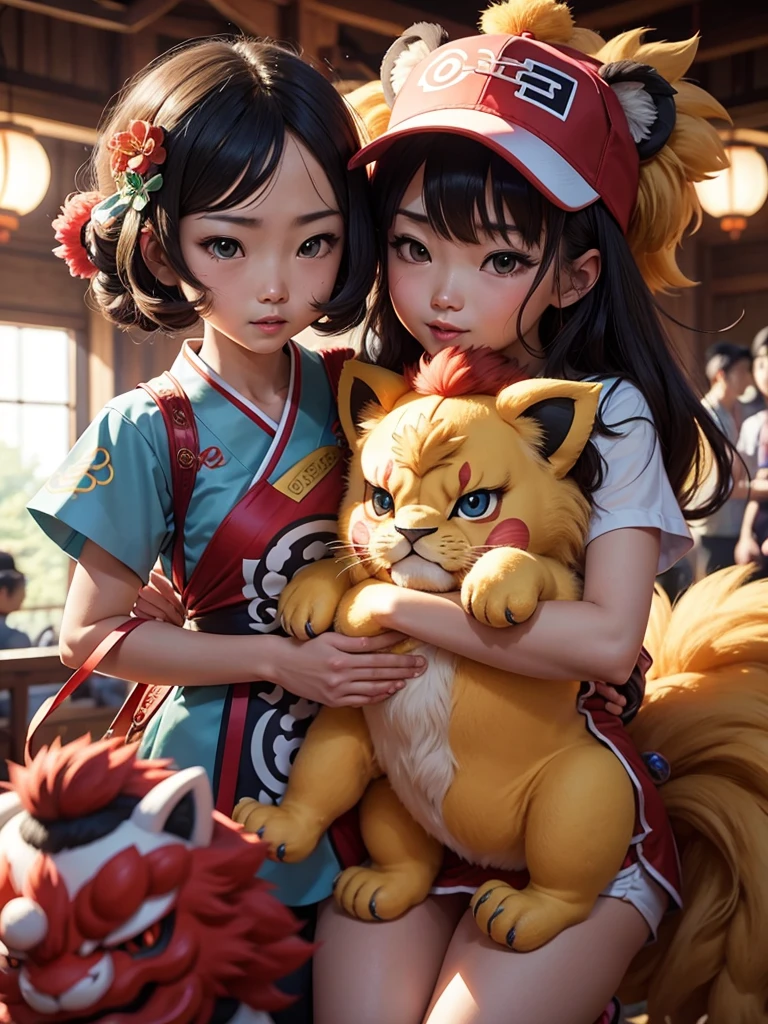 A chibi baby girl with two buns on her head and wear blue chinese dress, as cute and chubby as a on a Chinese calendar,playing with the white tiger in front of the house.