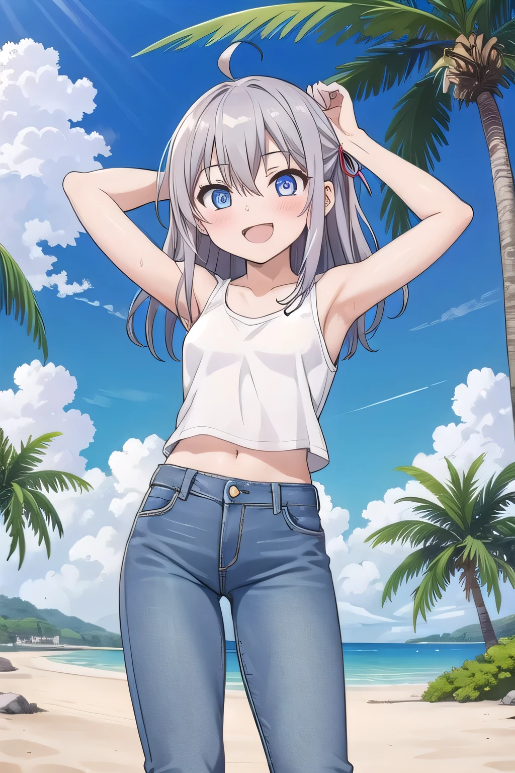 masterpiece,best quality,ultra detail,1girl, , peti ((round face, ecstasy, orgasm face, drooping eyes, shame smiling, blush)), dropping eyes, sleepy, background((under the beach, (day:1.2), palm tree, bright sky)), Alisa Mikhailovna Kujou, ahoge, long hair, grey hair, hair intakes, hair ribbon,red ribbon, sidelocks, hair between eyes,parted bangs, blue eyes, arms behind head, contrapposto, spread armpits, looking at viewer,, (white tank top:1.2), (white crop top:1.2), (jeans pants:1.2, flares jeans:1.2, skinny jeans:1.2, blue jeans:1.2), standing, (legs apart:1.5), sex pose, Sweaty crotch, Steam from the crotch, from below, medium body