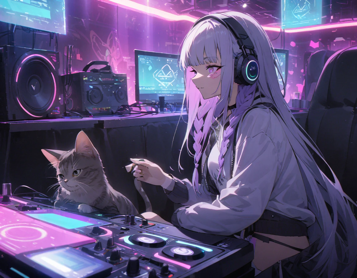 Girl with Cat, Girl DJing in a club, cyberpunk, White-purple gradient braided long hair twinkling lights, neon holography transparent cat sitting next to DJ equipment