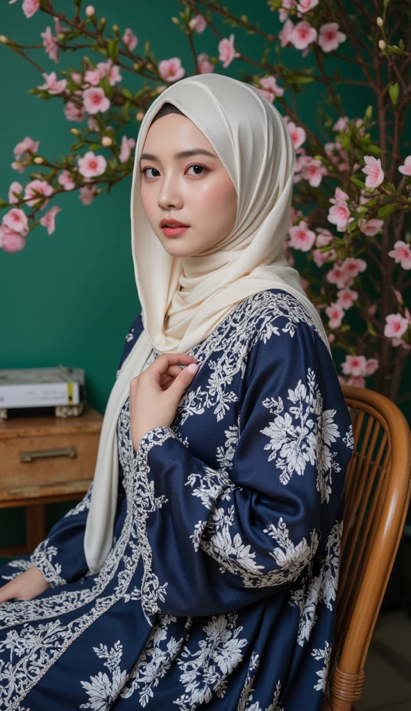 An indonesian beautifull women, 2, wearing dress soft blue with motif, long hijab pattern, smyling thinly to the camera, indors, windows with sunlight, baground plants, flowers, lamp, aestetict room, cozy room, relax, focus, realistic 5D 8K
