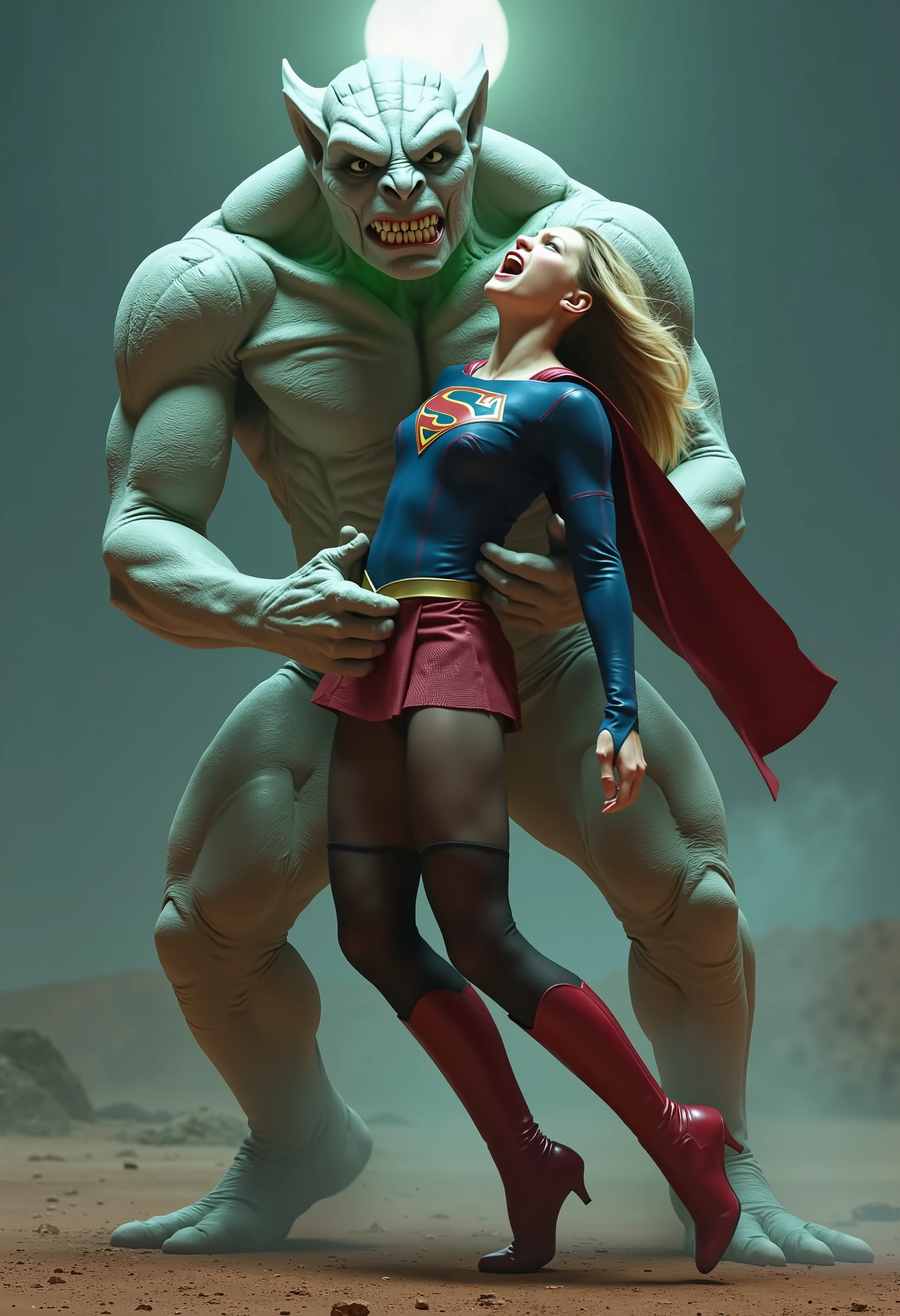 Supergirl is fighting with a big alien monster, very bright white skin, can see whole body, She is wearing a thin black pantyhose, short red leather fabric skirt, red knee height long boots, blonde hair, lighting green collar on her neck, She is screaming in pain, seriously injured, painful, a huge body fierce Alien Monster hold and carry Supergirl body, the Alien Monster seize her body tightly and bite her neck, photorealistic, hyper realistic, night time on the Mar with moon lighting,