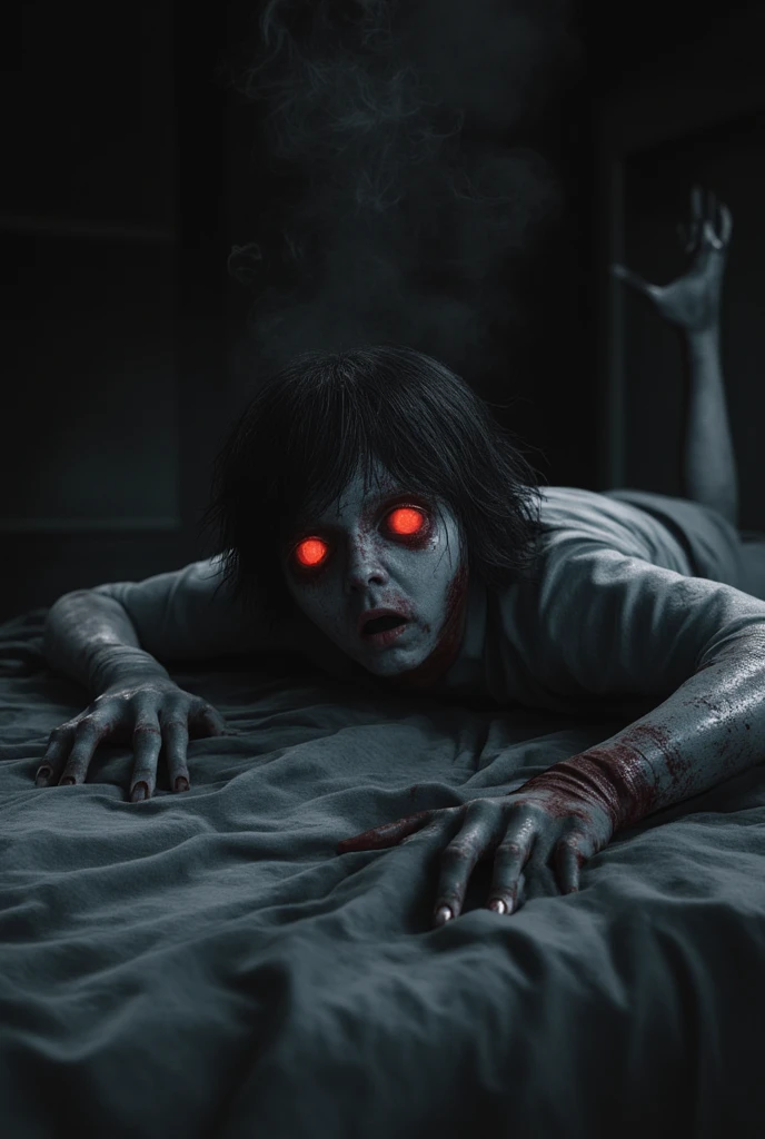 Creepy female ghost with red eyes under the bed