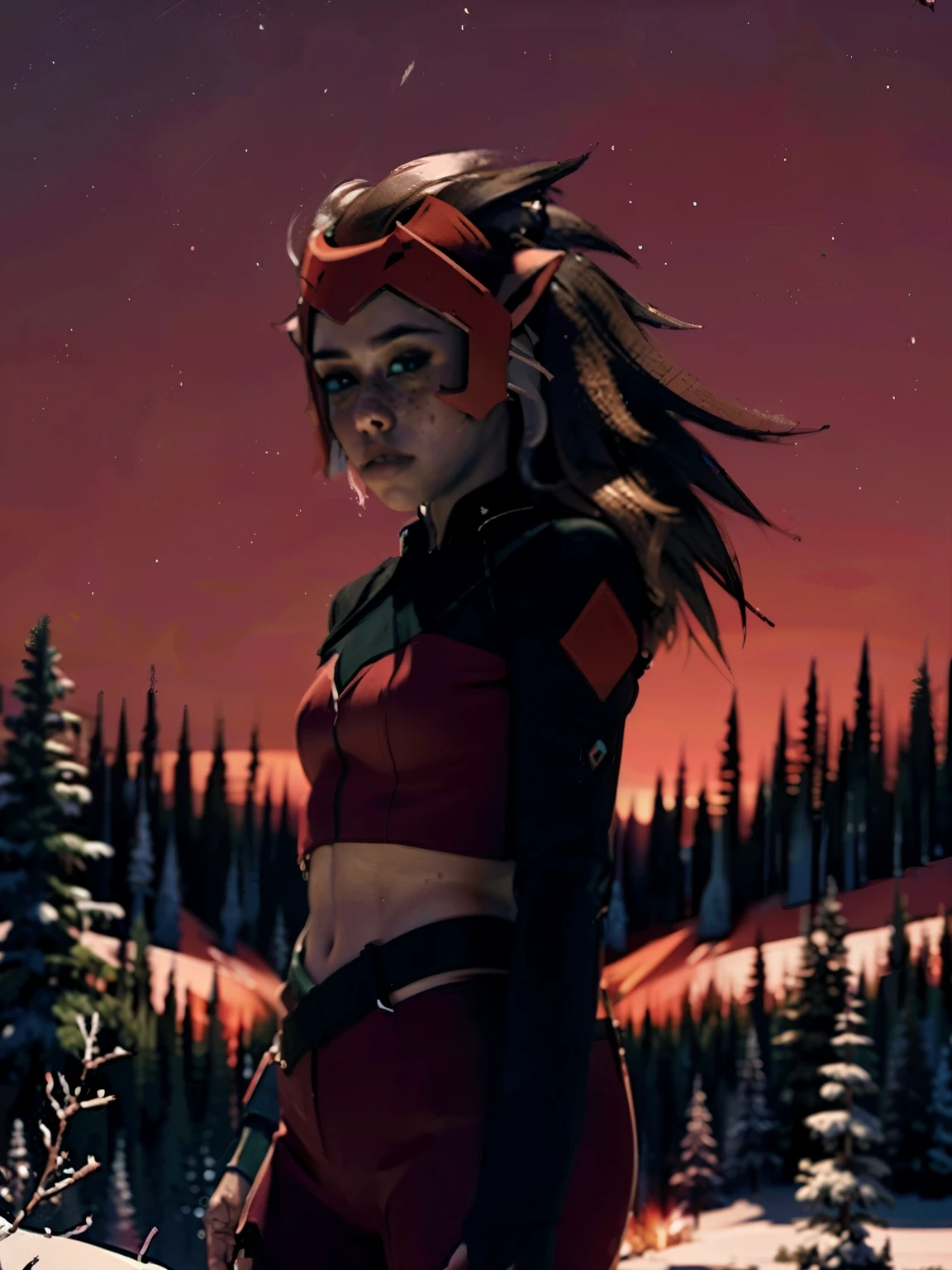 Character design sheet, same character, front, side, back), Masterpiece, best quality, 8k, dramatic lighting, 1girl, solo, looking at viewer, dark background, upper body, ((medium breasts)), ((forest at night in snow)), ((red lit sky)), ((underboob)), ((front view)),