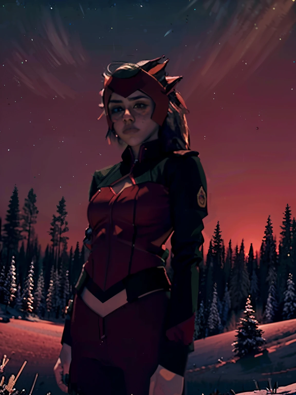 Character design sheet, same character, front, side, back), Masterpiece, best quality, 8k, dramatic lighting, 1girl, solo, looking at viewer, dark background, upper body, ((medium breasts)), ((forest at night in snow)), ((red lit sky)), ((underboob)), ((front view)),