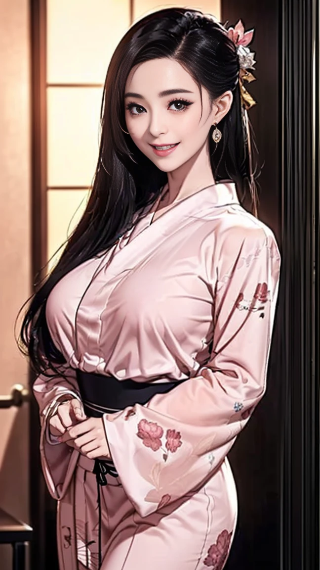 highest quality、realistic、Japanese、、cute、smile、white underwear、black hair、long hair、all back、、brown eyes、smile、glossy red lips、Forehead exposed、Bedroom