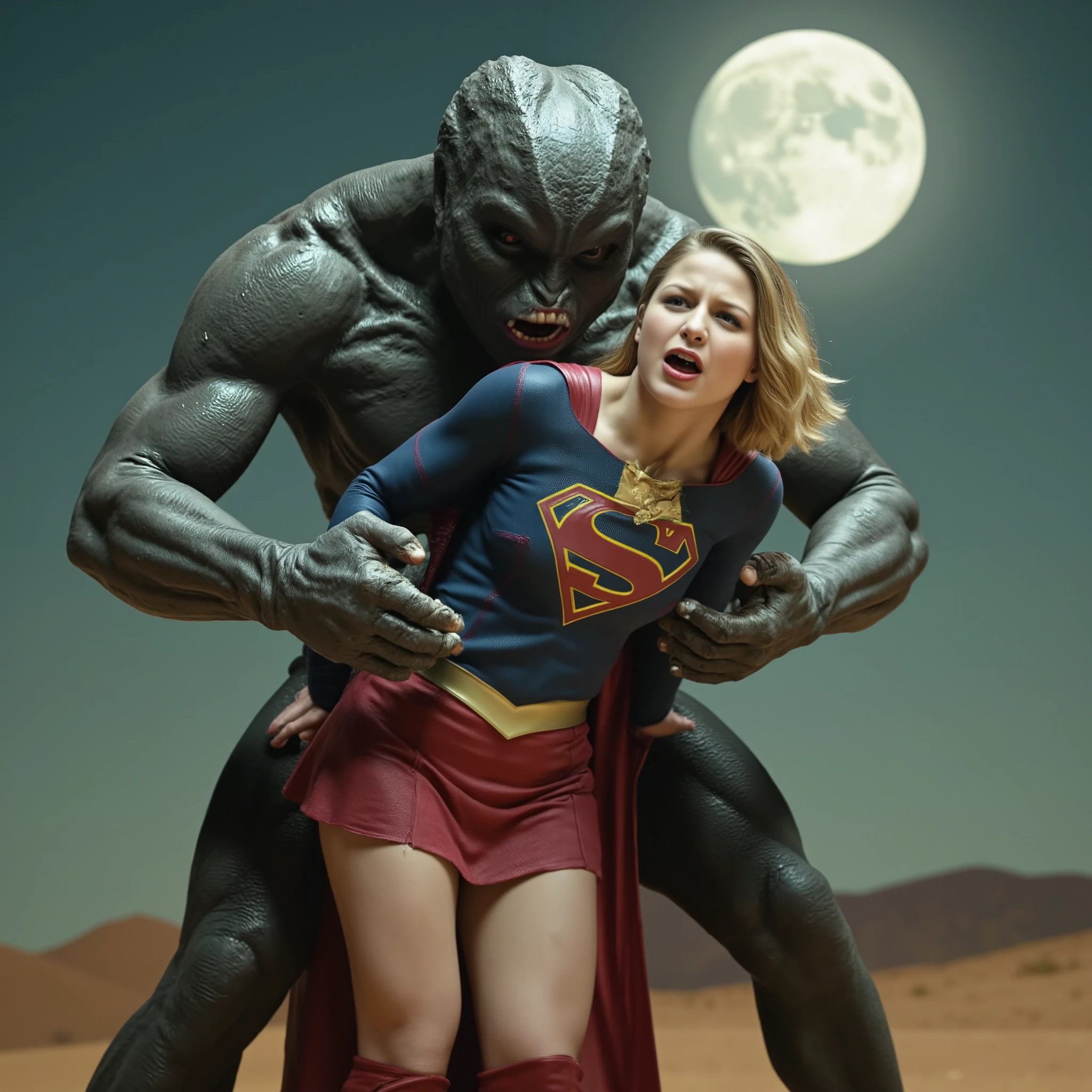 Melissa Benoist as Supergirl, Melissa Benoist is wearing a Supergirl costume as seen on TV, very bright white skin, Supergirl is defeated by a huge body fierce Alien Monster, It is standing in front of her, the Alien Monster seize her body tightly, can see whole body, Supergirl is wearing a short red leather fabric skirt, ((tattered skirt and upskirt:1.8)), Supergirl is wearing a thin black pantyhose:1.6, red knee height long boots, dirty body, bright white skin, blonde hair, lighting green collar on her neck, ((Supergirl is screaming in pain)), Supergirl is seriously injured, painful, (Excruciating pain face), photorealistic, hyper realistic, ((whole body visible:1.9)), night time on the Mar with moon lighting,