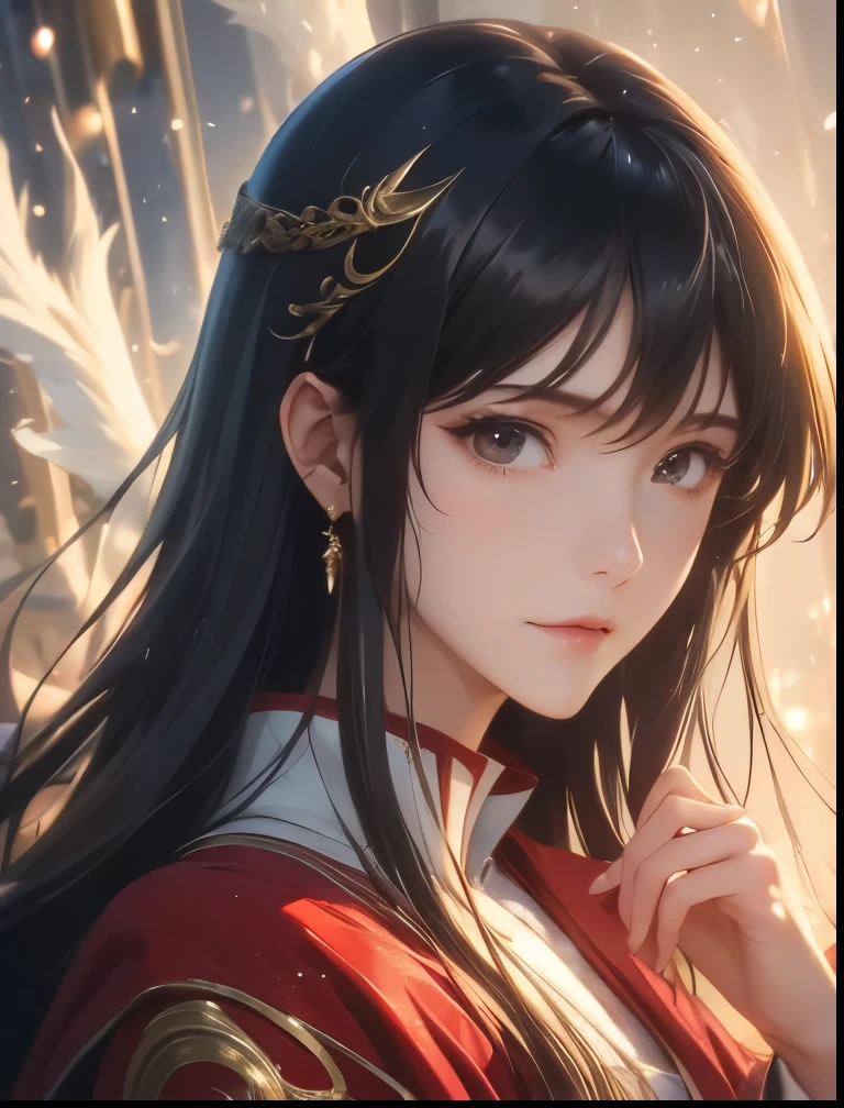 (((SFW、Precision、Highest quality、A first-class masterpiece、Normal body、8k、 Detailed Face 、Ultra-precision、 Normal hand、5refer to、Highest)))、Takanashi Sei、Sei-takanashi 、 “The magic power of a saint is omnipotent"、"The Saint's Magic Power is Omnipotent"、 black hair、 long hair、Beauty、clear、red robe、Pharmacist