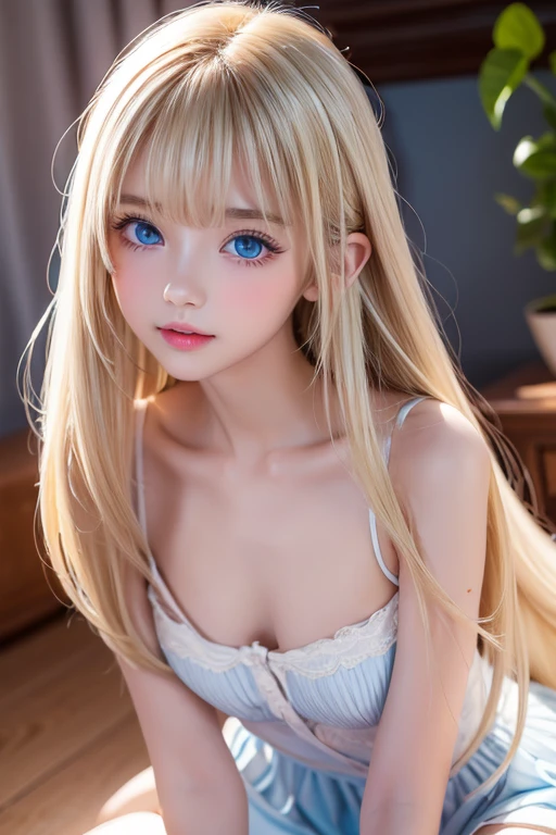The Shining, clear, White skin、Her windswept golden hair hides her beautiful face、、Cute sexy little beautiful face、Beautiful straight hair that stands out、growing up, Sparkling, very bright, light blue eyes、Long, silky bangs that cover cute eyes, Sexy and cute young woman with super long hair hiding her sexy face、The Shining blonde hair