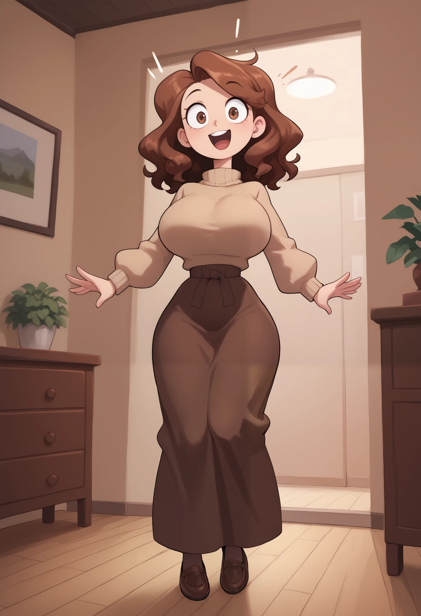 Solo, Young woman, medium length hair, brown hair, brown eyes, wavy hair, huge breasts, wide hips, (thin skinny waist) light brown sweater, dark brown skirt, loose sweater, long skirt, brown pantyhose, brown shoes, indoors, looking down at you, looking at you, wide eyed, surprised, open mouth smile