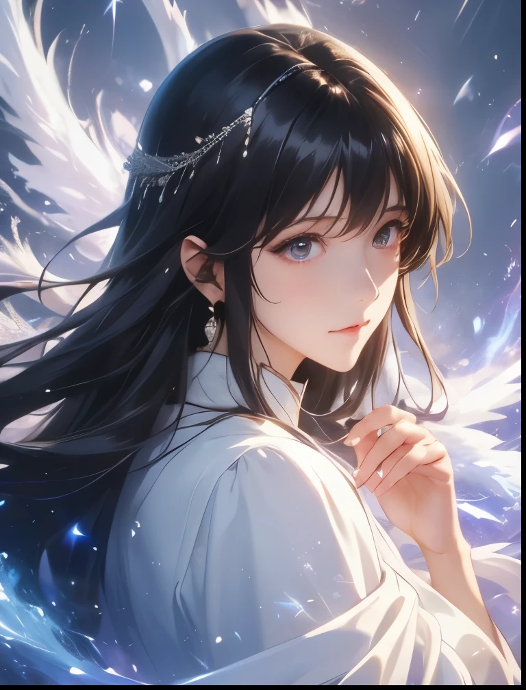 (((SFW、Precision、Highest quality、A first-class masterpiece、Normal body、8k、 Detailed Face 、Ultra-precision、 Normal hand、5refer to、Highest)))、Takanashi Sei、Sei-takanashi 、 “Seijo's magic power is omnipotent"、"The Saint's Magic Power is Omnipotent"、 black hair、 long hair、Beauty、clear、 white dress 、Robes、Pharmacist